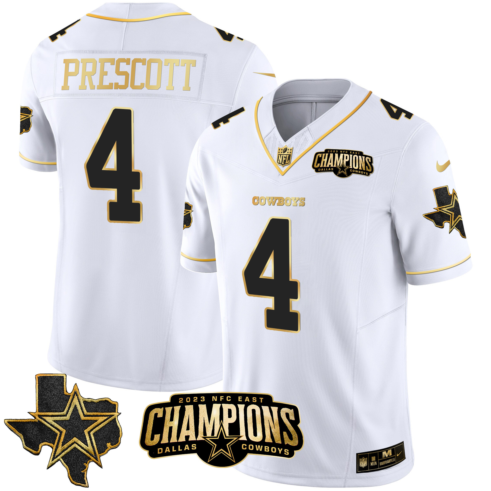 Dak Prescott Men's Dallas Cowboys 2023 NFC East Champions Patch Gold Vapor White Gold Jersey - All Stitched 