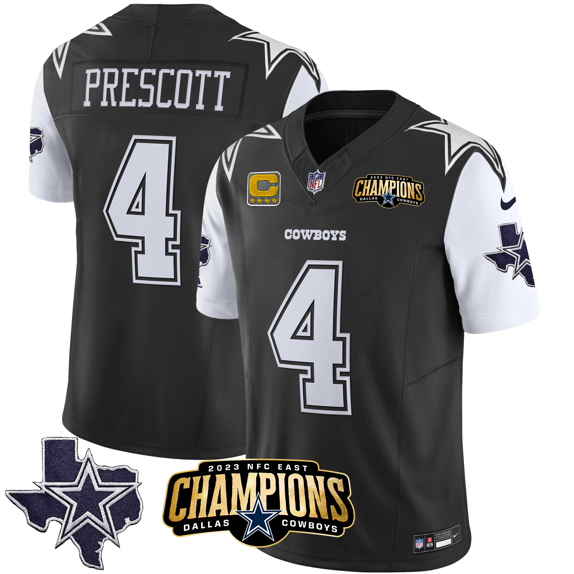 Dak Prescott Men's Dallas Cowboys 2023 NFC East Champions Patch Vapor Black Jersey - All Stitched 