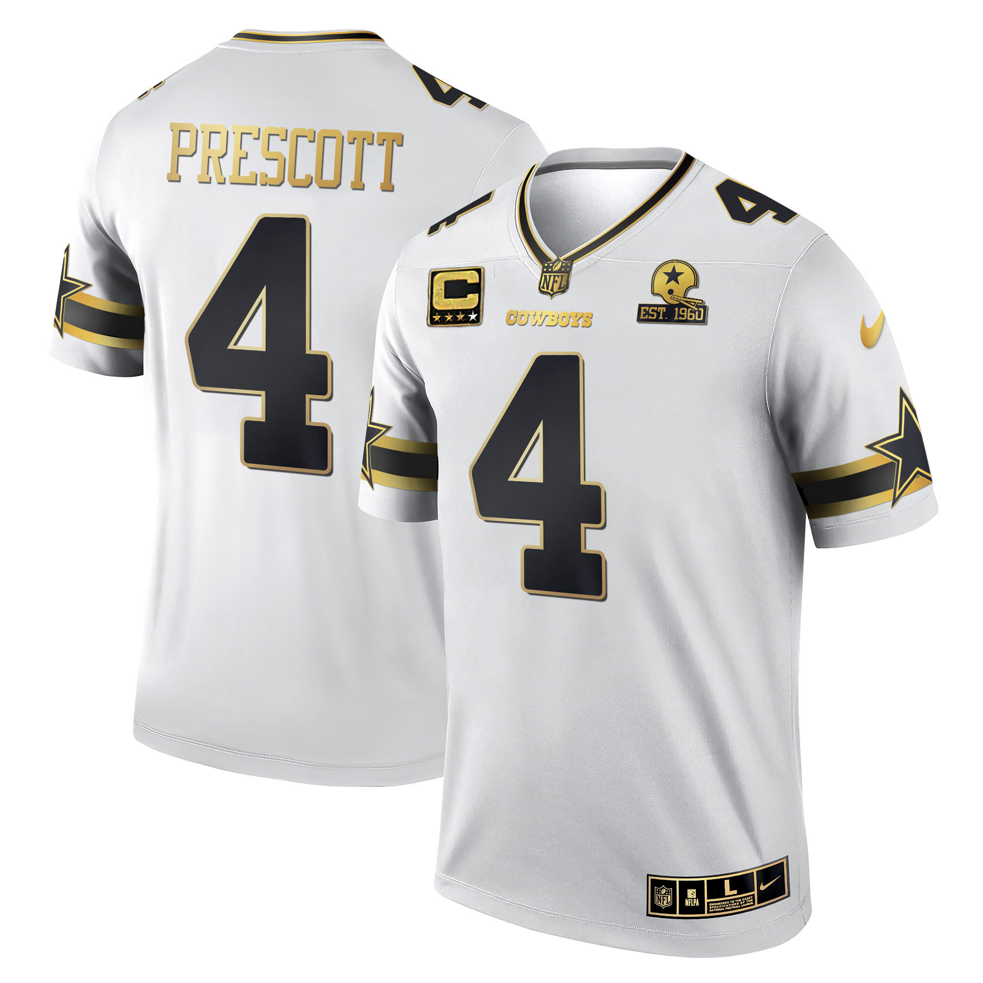 Dak Prescott Men's Dallas Cowboys Black & White Gold Game Team Est 1960 Patch White Gold Jersey - All Stitched 