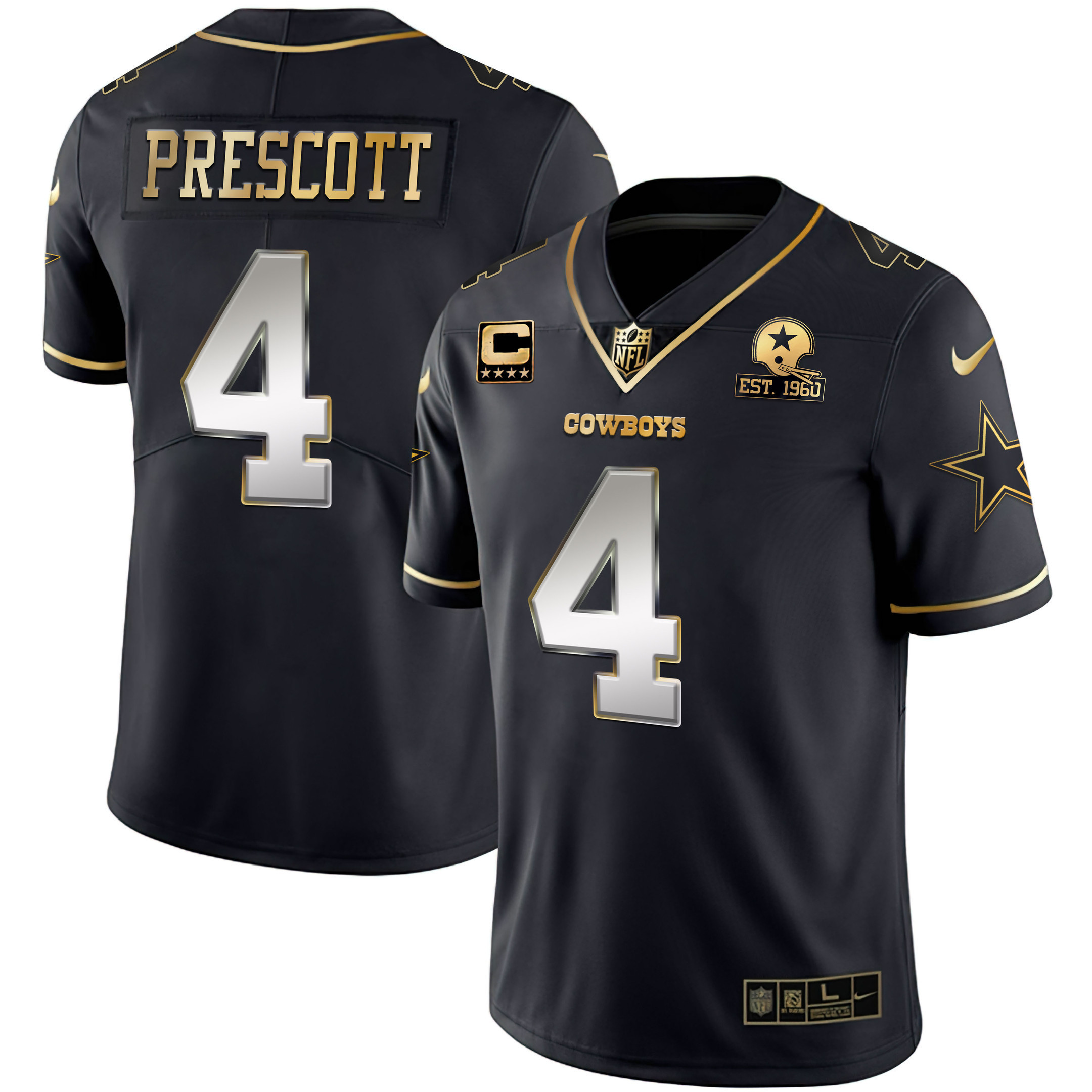 Dak Prescott Men's Dallas Cowboys Gold & Split Vapor Est 1960 Patch Black Limited Jersey - All Stitched 