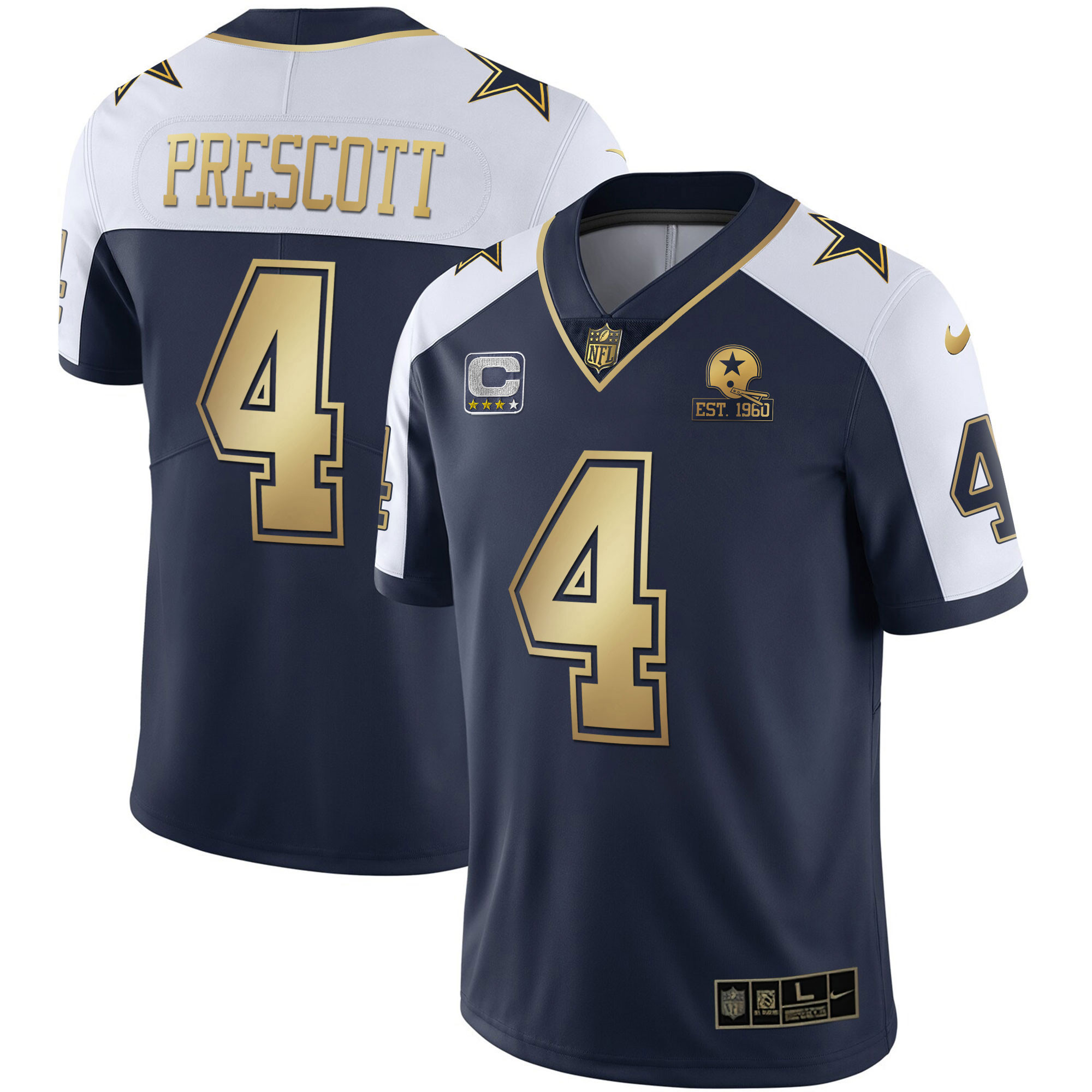 Dak Prescott Men's Dallas Cowboys Gold & Split Vapor Est 1960 Patch Navy Alternate Jersey - All Stitched 