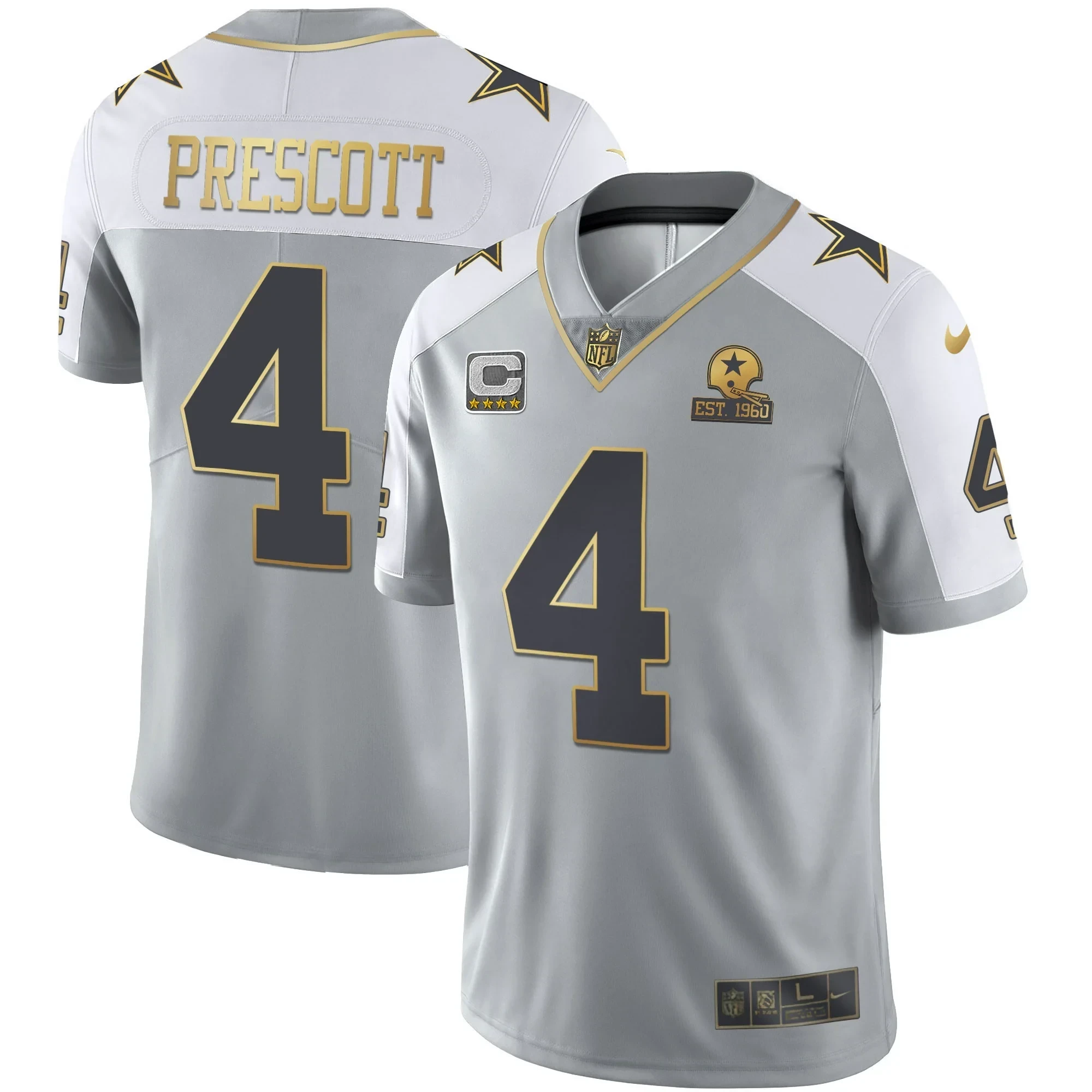 Dak Prescott Men's Dallas Cowboys Gray Gold Vapor Est 1960 Patch Gray Gold Jersey - All Stitched 