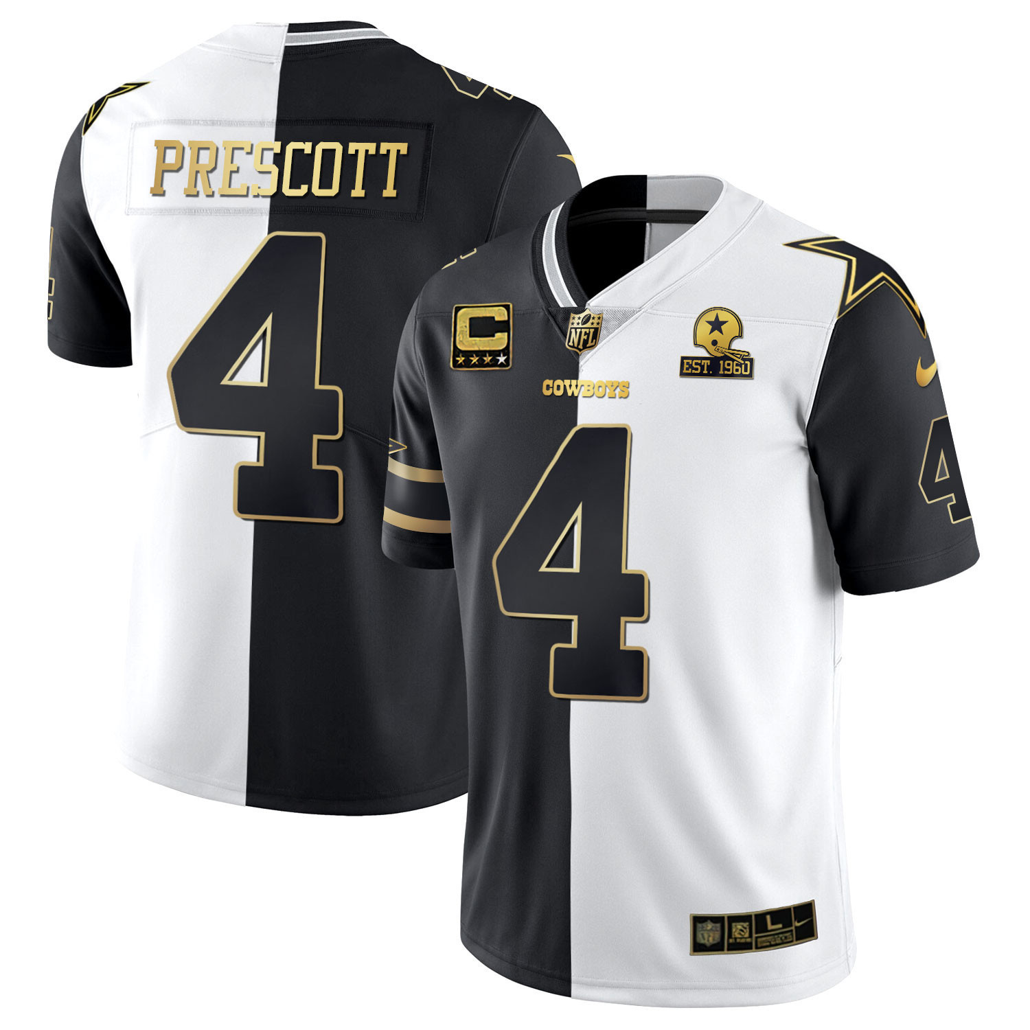 Dak Prescott Men's Dallas Cowboys Split Est 1960 Patch Black White Gold Jersey - All Stitched 