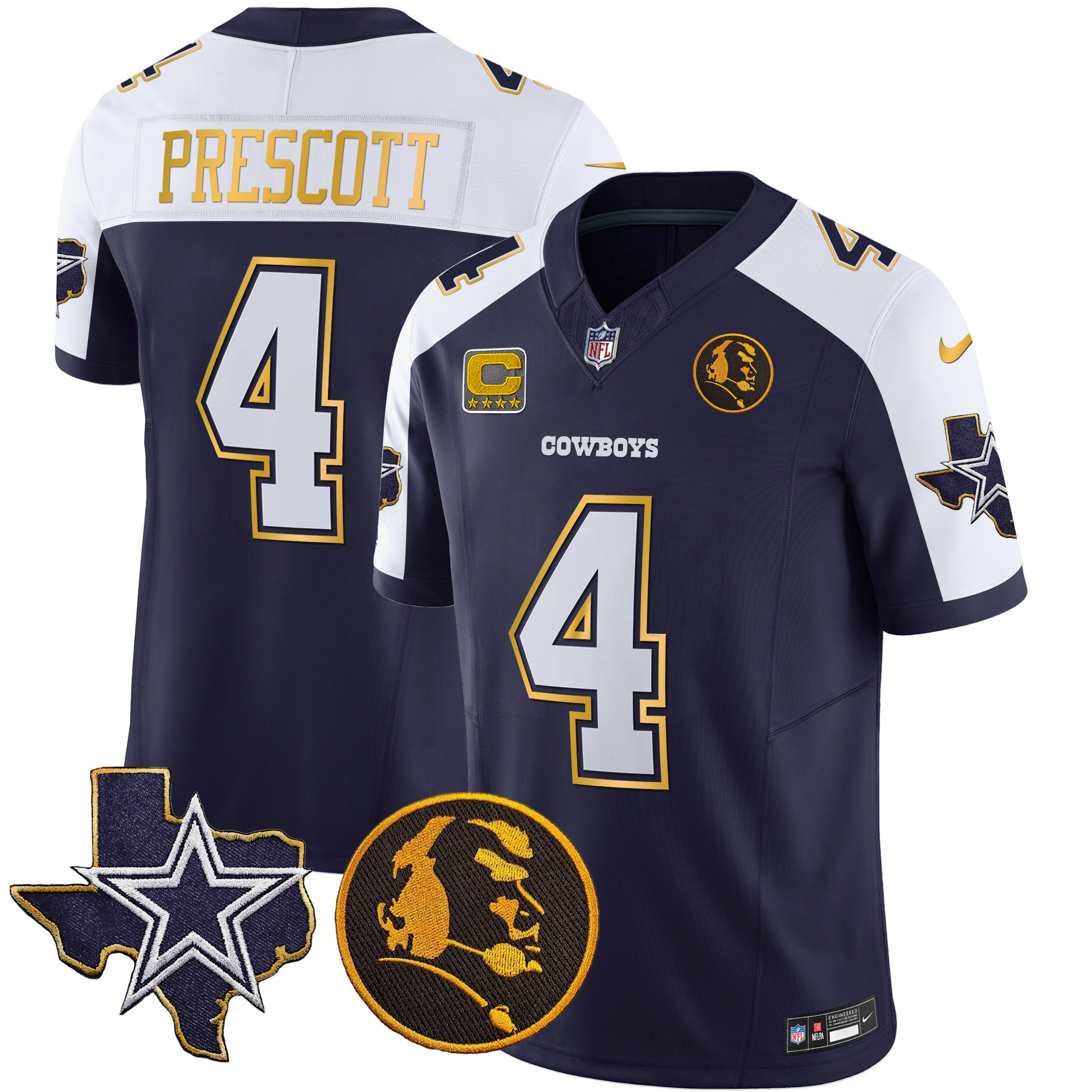 Dak Prescott Men's Dallas Cowboys Texas & John Madden Patch Gold Trim Vapor Navy Alternate Jersey - All Stitched 