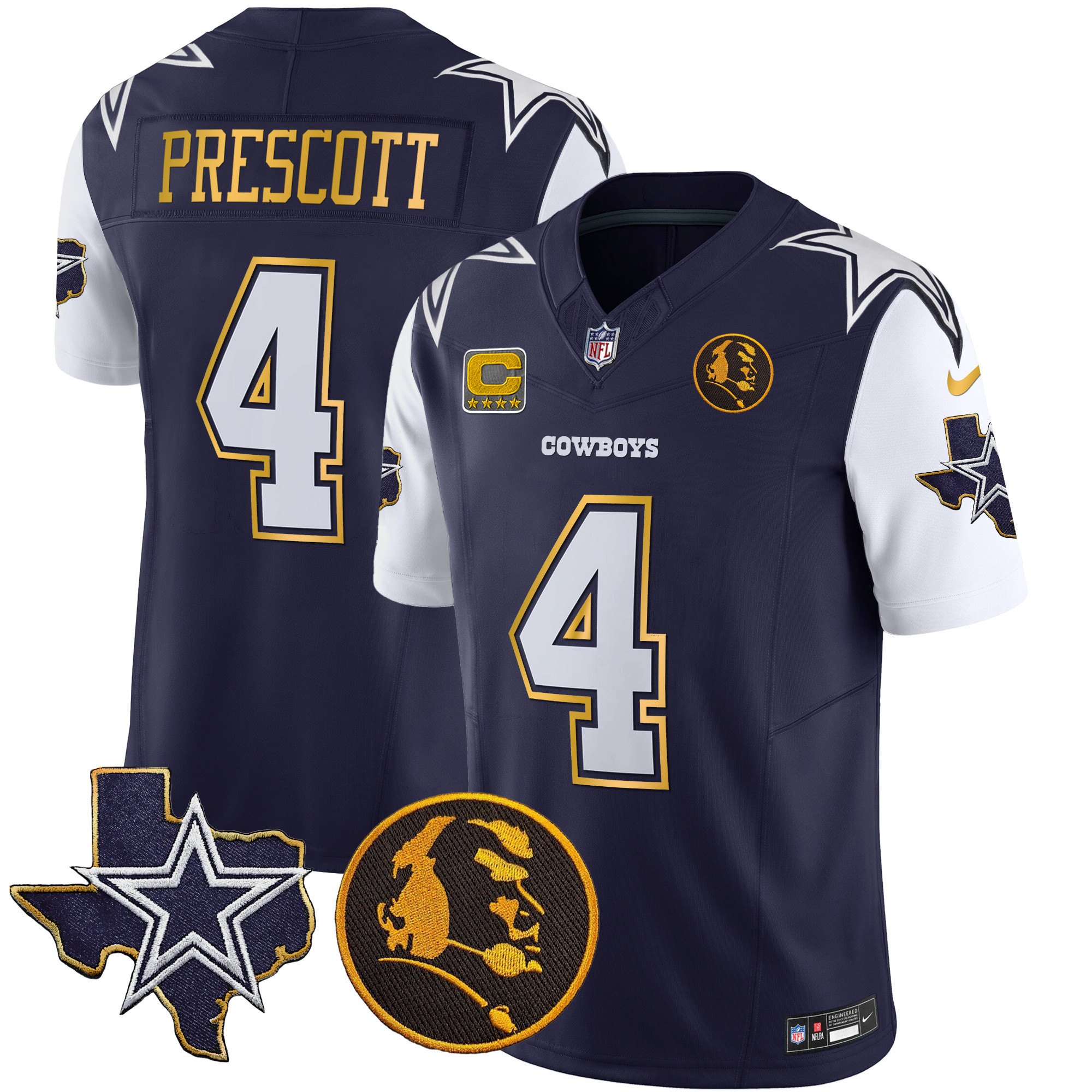 Dak Prescott Men's Dallas Cowboys Texas & John Madden Patch Gold Trim Vapor Navy Jersey - All Stitched 