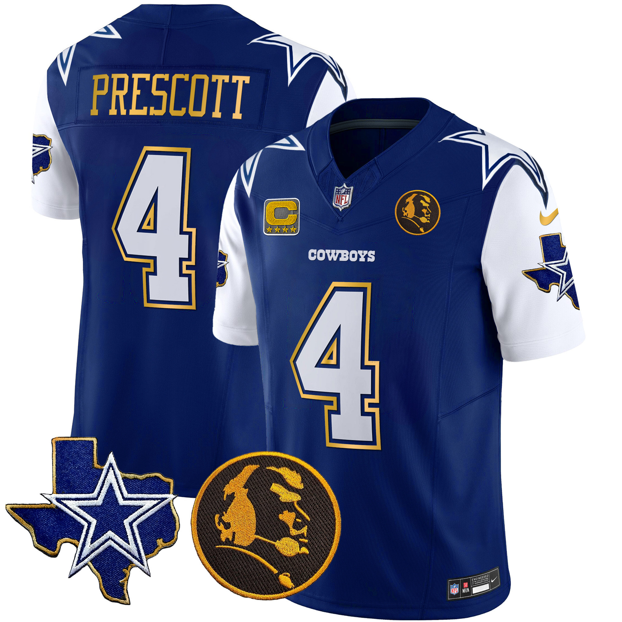 Dak Prescott Men's Dallas Cowboys Texas & John Madden Patch Gold Trim Vapor Royal Jersey - All Stitched 