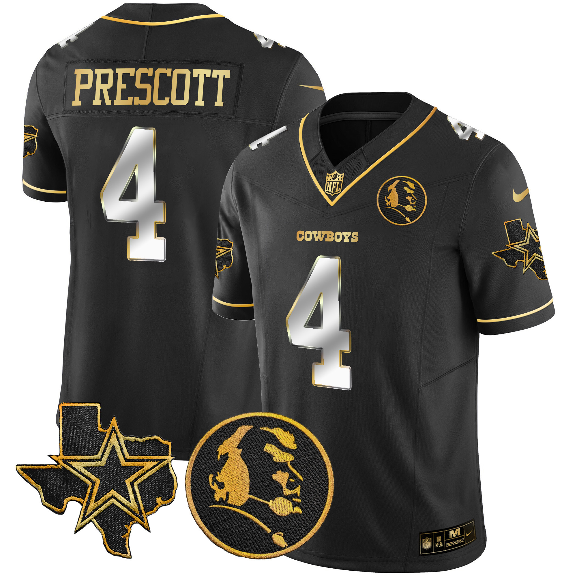 Dak Prescott Men's Dallas Cowboys Texas & John Madden Patch Gold Vapor Black Limited Jersey - All Stitched 