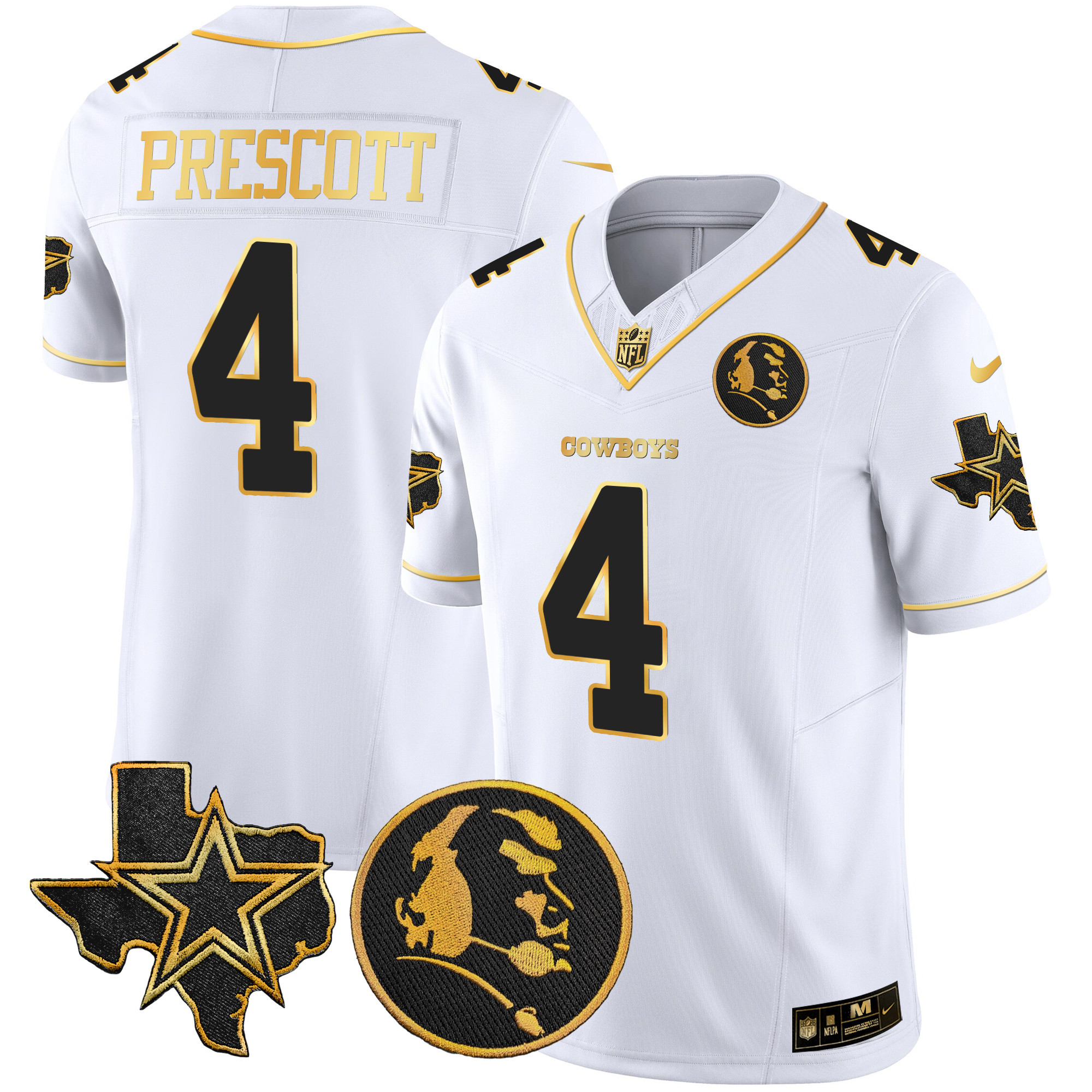 Dak Prescott Men's Dallas Cowboys Texas & John Madden Patch Gold Vapor White Jersey - All Stitched 