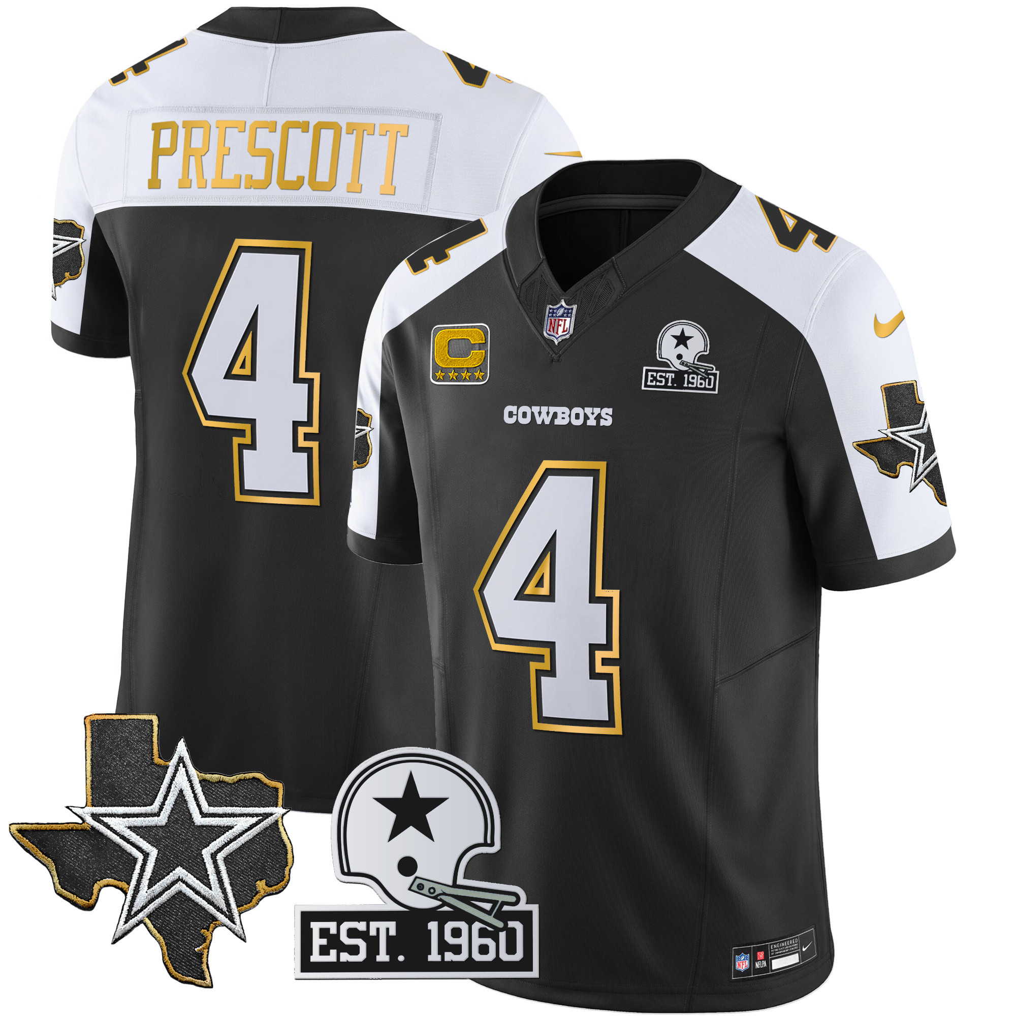Dak Prescott Men's Dallas Cowboys Texas Patch Gold Trim Vapor Black Alternate Jersey - All Stitched 