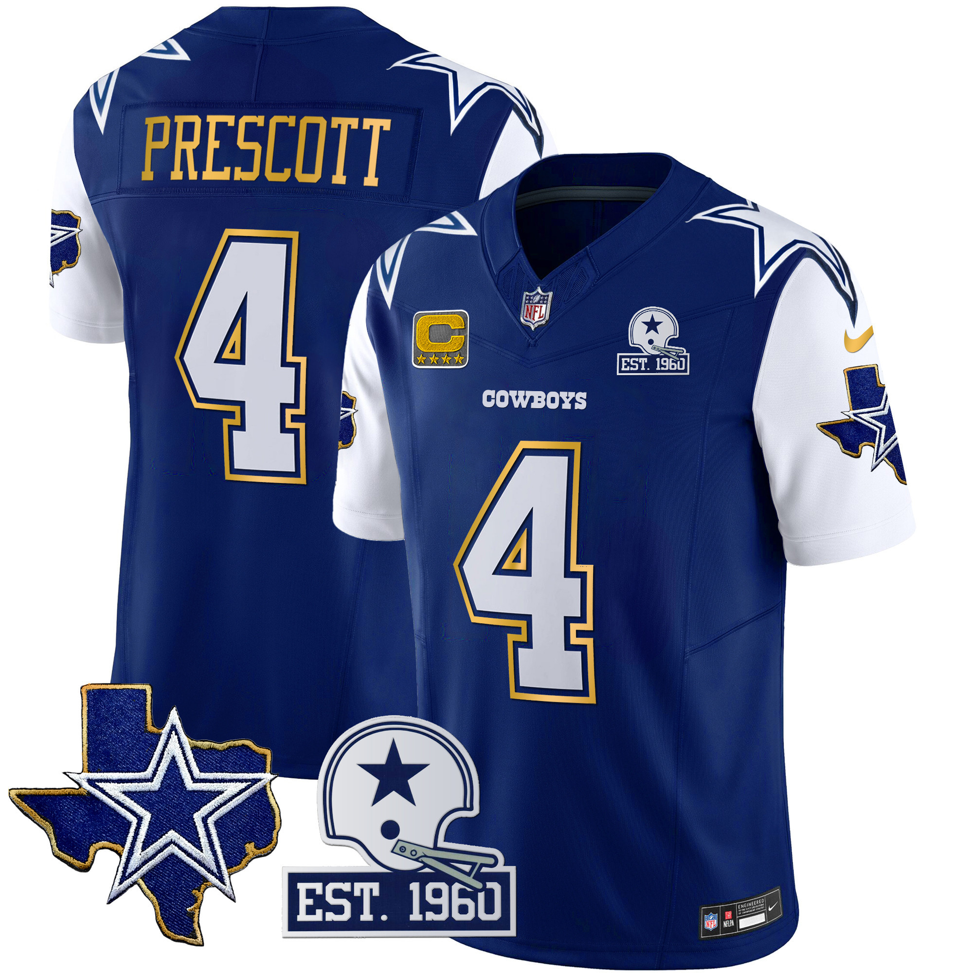 Dak Prescott Men's Dallas Cowboys Texas Patch Gold Trim Vapor Royal Jersey - All Stitched 