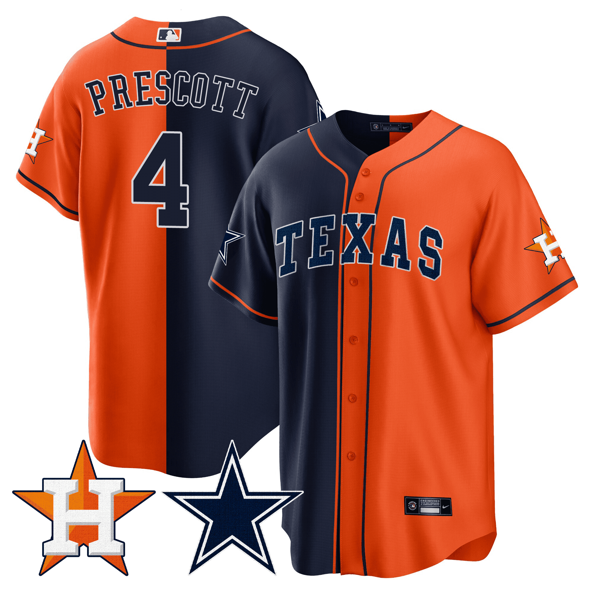 Dak Prescott Men's Split Houston Astros - Cowboys Cool Base Orange - Navy Jersey - All Stitched