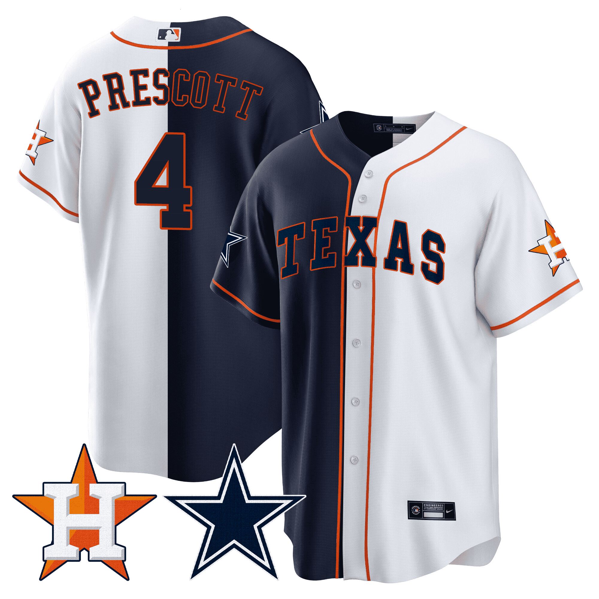 Dak Prescott Men's Split Houston Astros - Cowboys Cool Base White - Navy Jersey - All Stitched