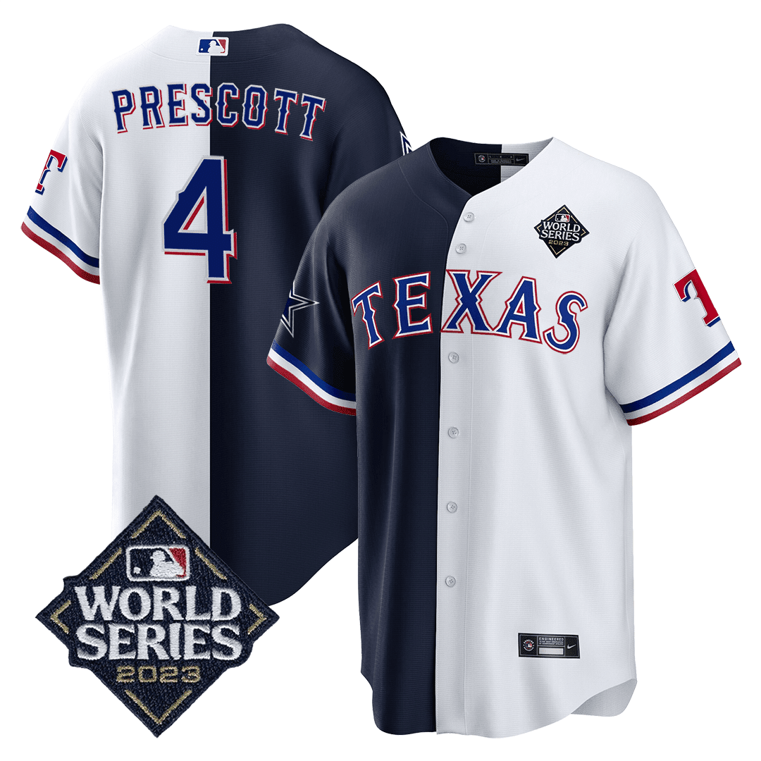 Dak Prescott Men's Split Texas Rangers - Cowboys 2023 World Series Patch Cool Base White - Navy Jersey - All Stitched