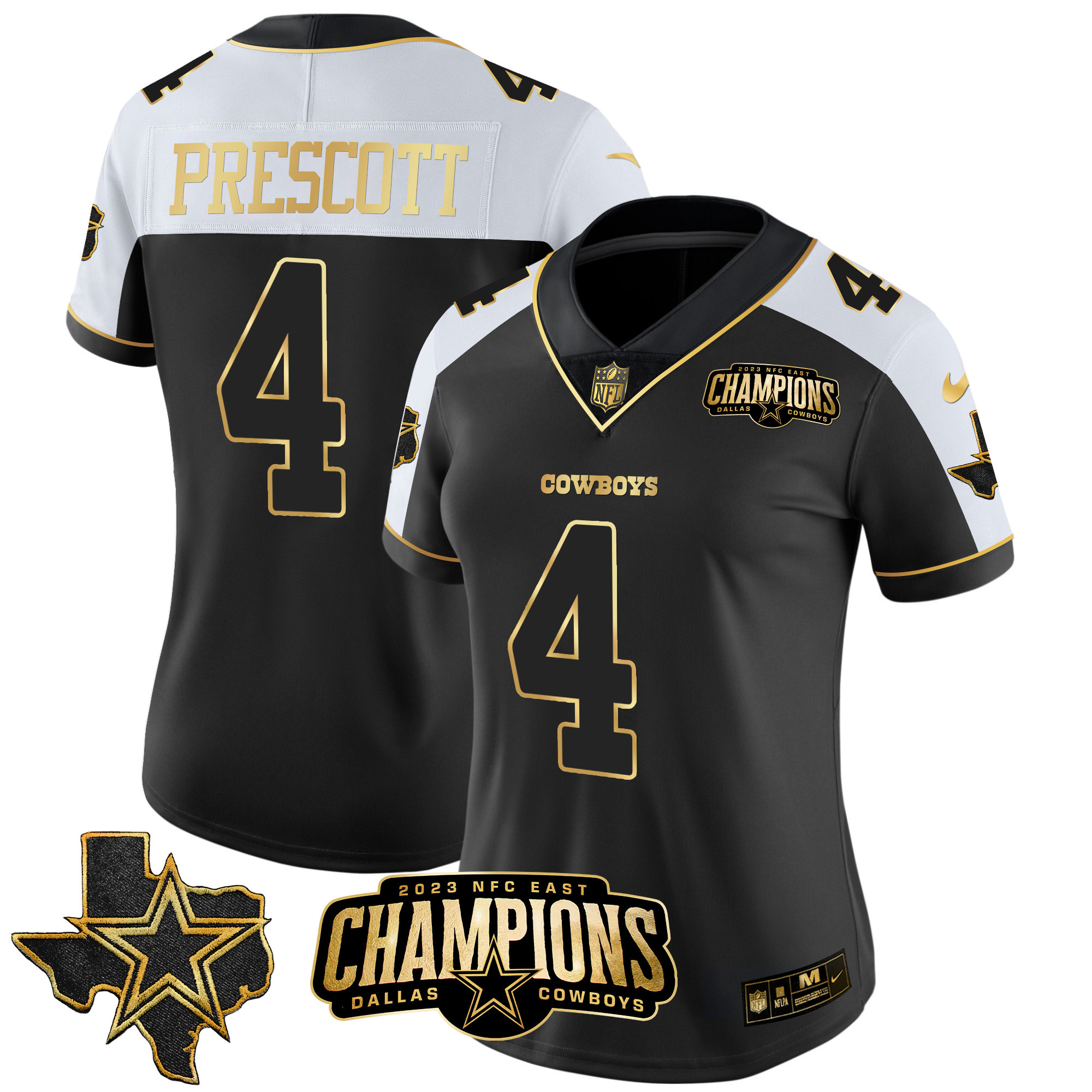 Dak Prescott Women's Dallas Cowboys 2023 NFC East Champions Patch Gold Vapor Alternate Gold Jersey - All Stitched 