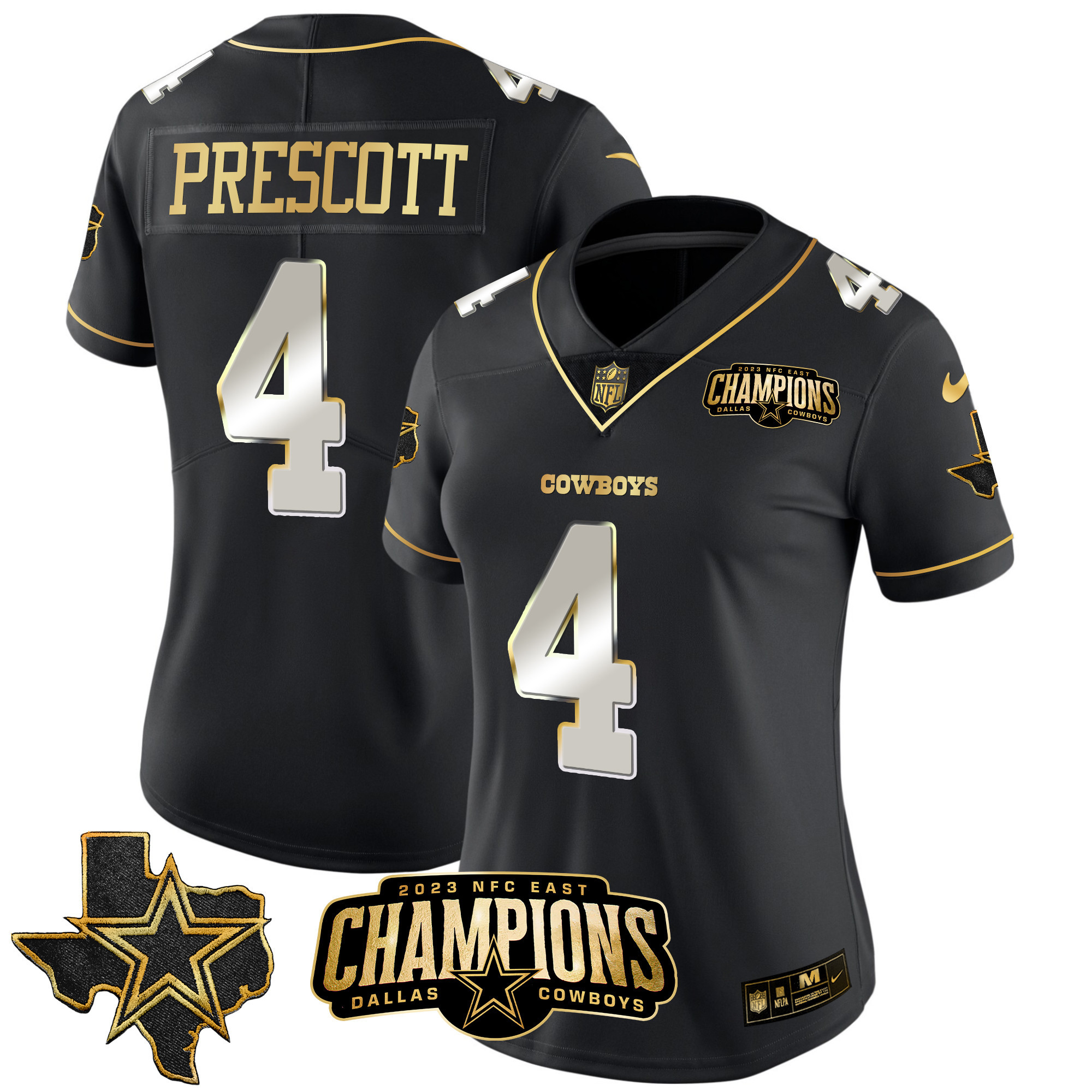 Dak Prescott Women's Dallas Cowboys 2023 NFC East Champions Patch Gold Vapor Black Limited Jersey - All Stitched 
