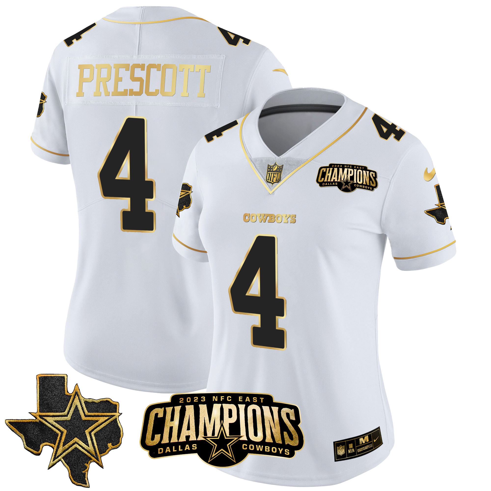 Dak Prescott Women's Dallas Cowboys 2023 NFC East Champions Patch Gold Vapor White Gold Jersey - All Stitched 