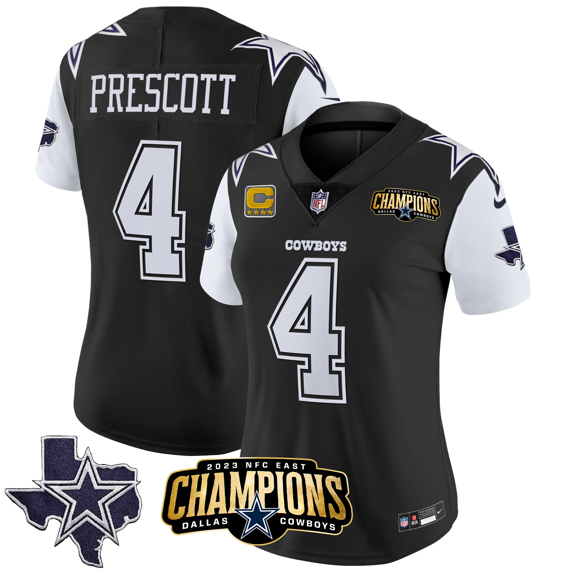 Dak Prescott Women's Dallas Cowboys 2023 NFC East Champions Patch Vapor Black Jersey - All Stitched 
