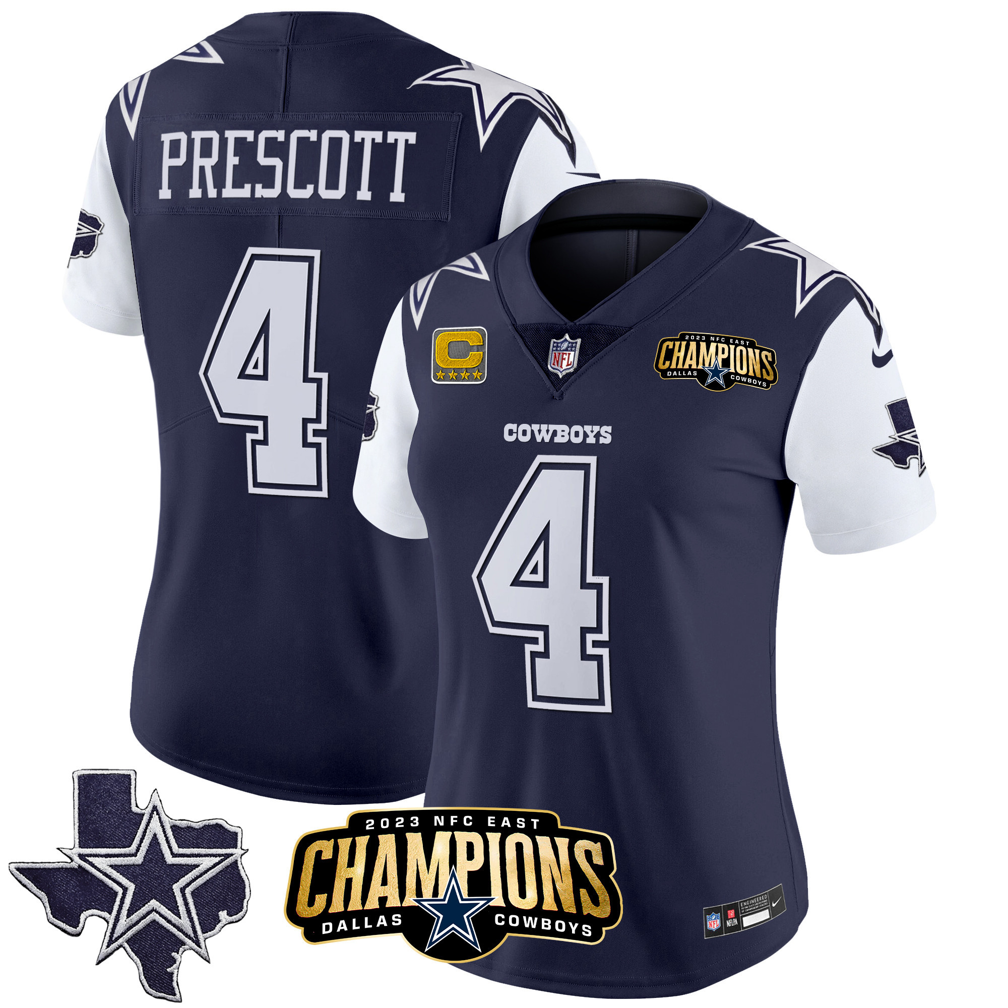 Dak Prescott Women's Dallas Cowboys 2023 NFC East Champions Patch Vapor Navy Jersey - All Stitched 