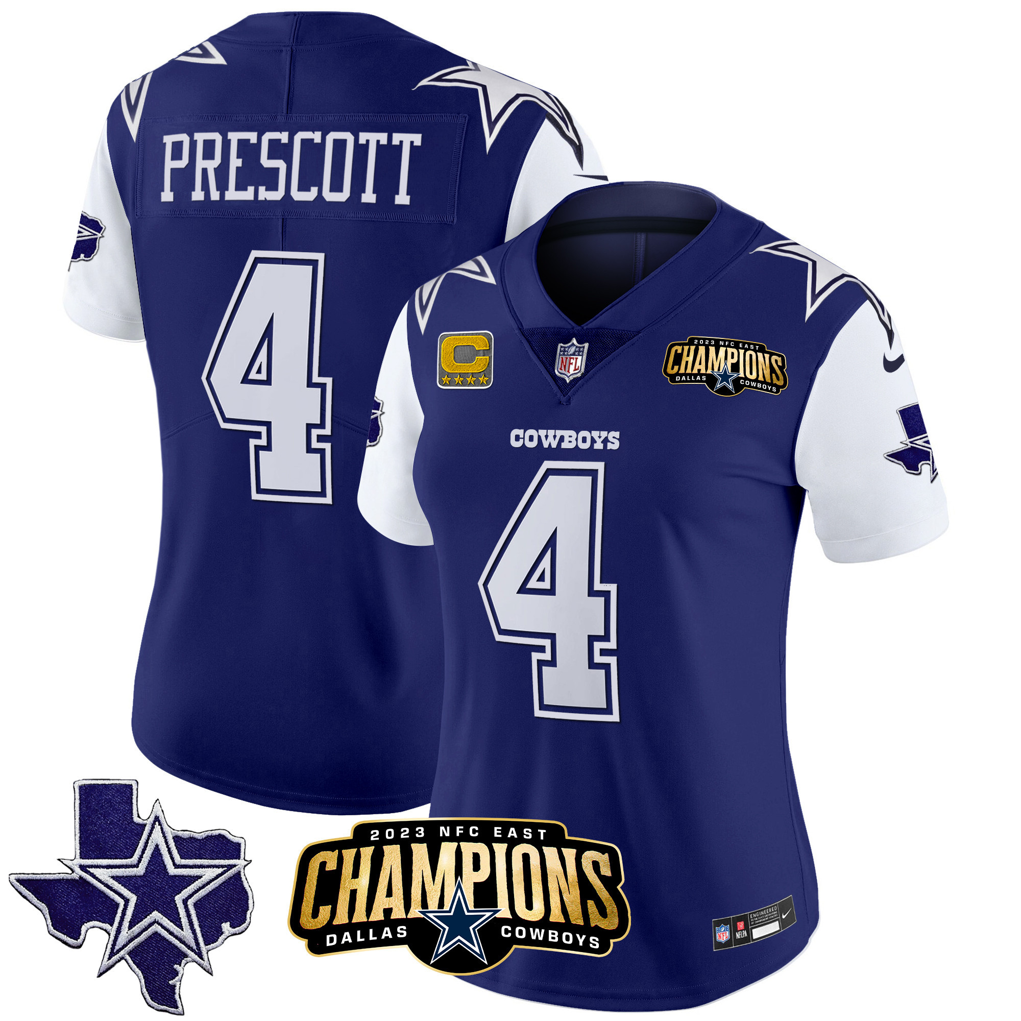 Dak Prescott Women's Dallas Cowboys 2023 NFC East Champions Patch Vapor Royal Jersey - All Stitched 