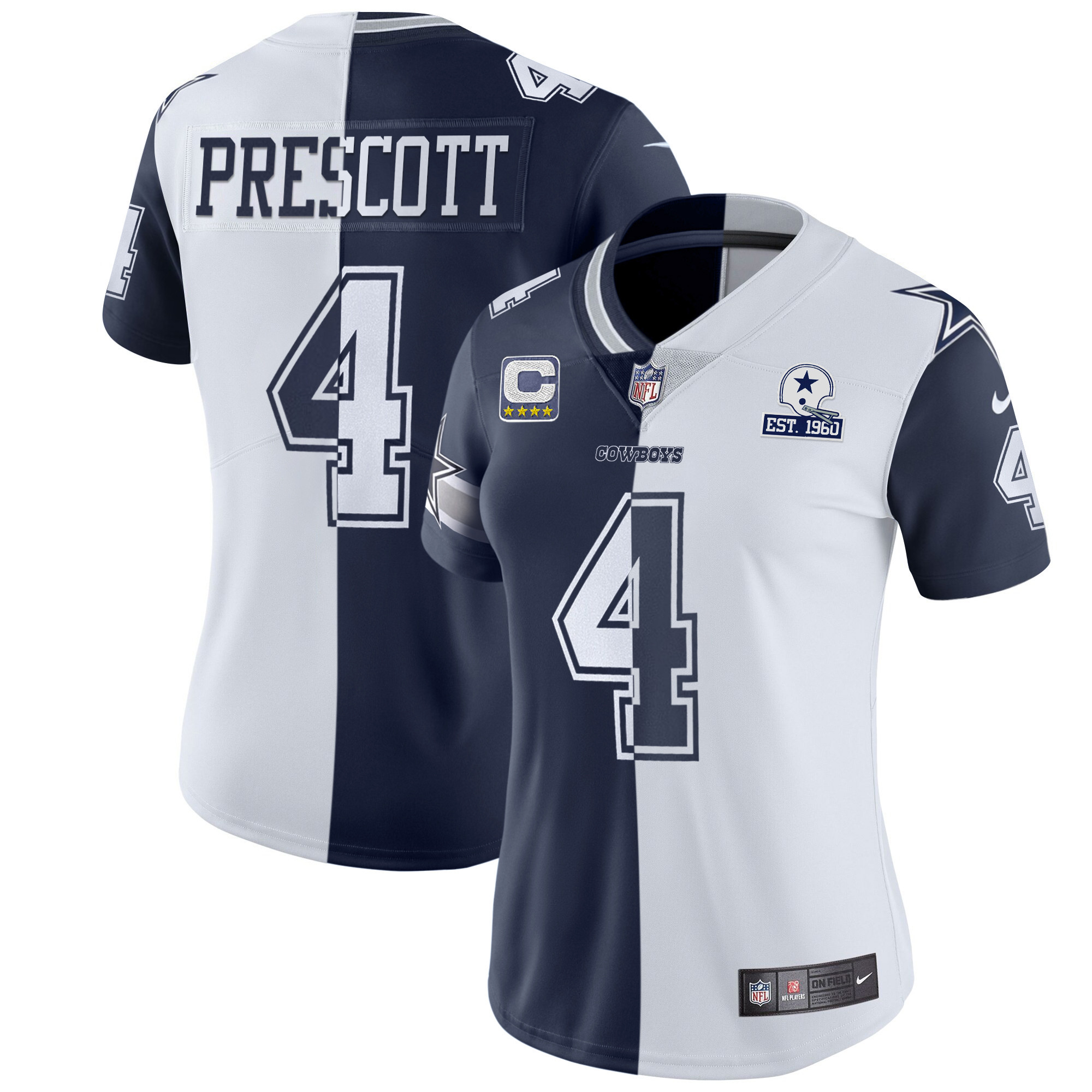 Dak Prescott Women's Dallas Cowboys Black Gold & White Gold Split Jersey - All Stitched 
