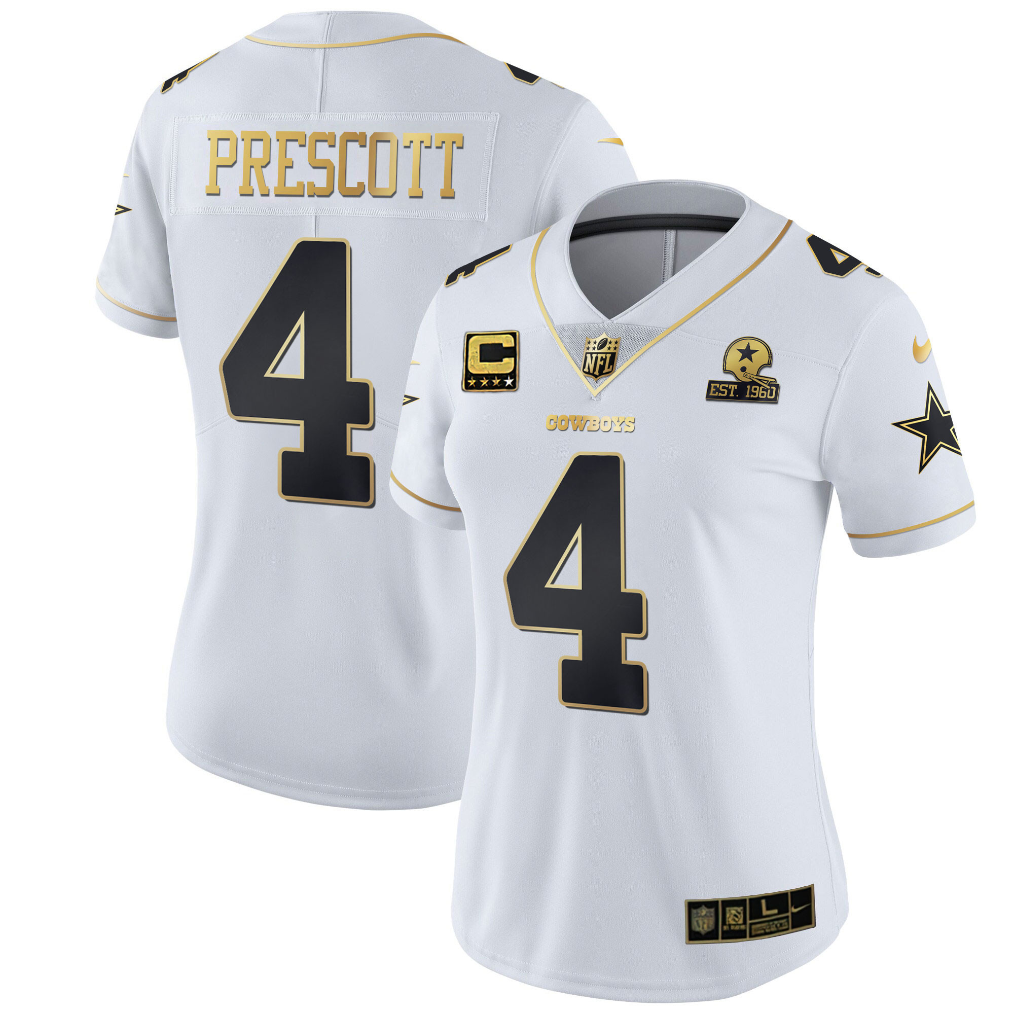 Dak Prescott Women's Dallas Cowboys Black Gold & White Gold White Gold Jersey - All Stitched 
