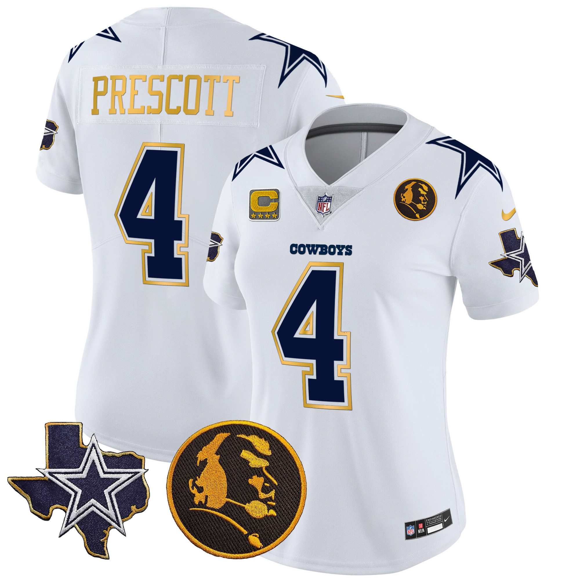 Dak Prescott Women's Dallas Cowboys Texas & John Madden Patch Gold Trim Vapor White Jersey - All Stitched 