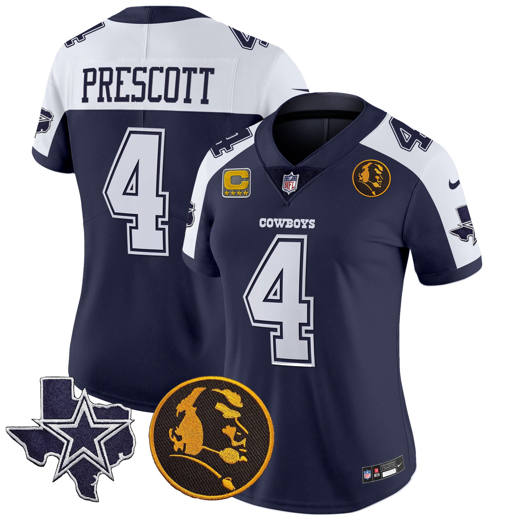 Dak Prescott Women's Dallas Cowboys Texas & John Madden Patch Vapor Alternate Navy Jersey - All Stitched 
