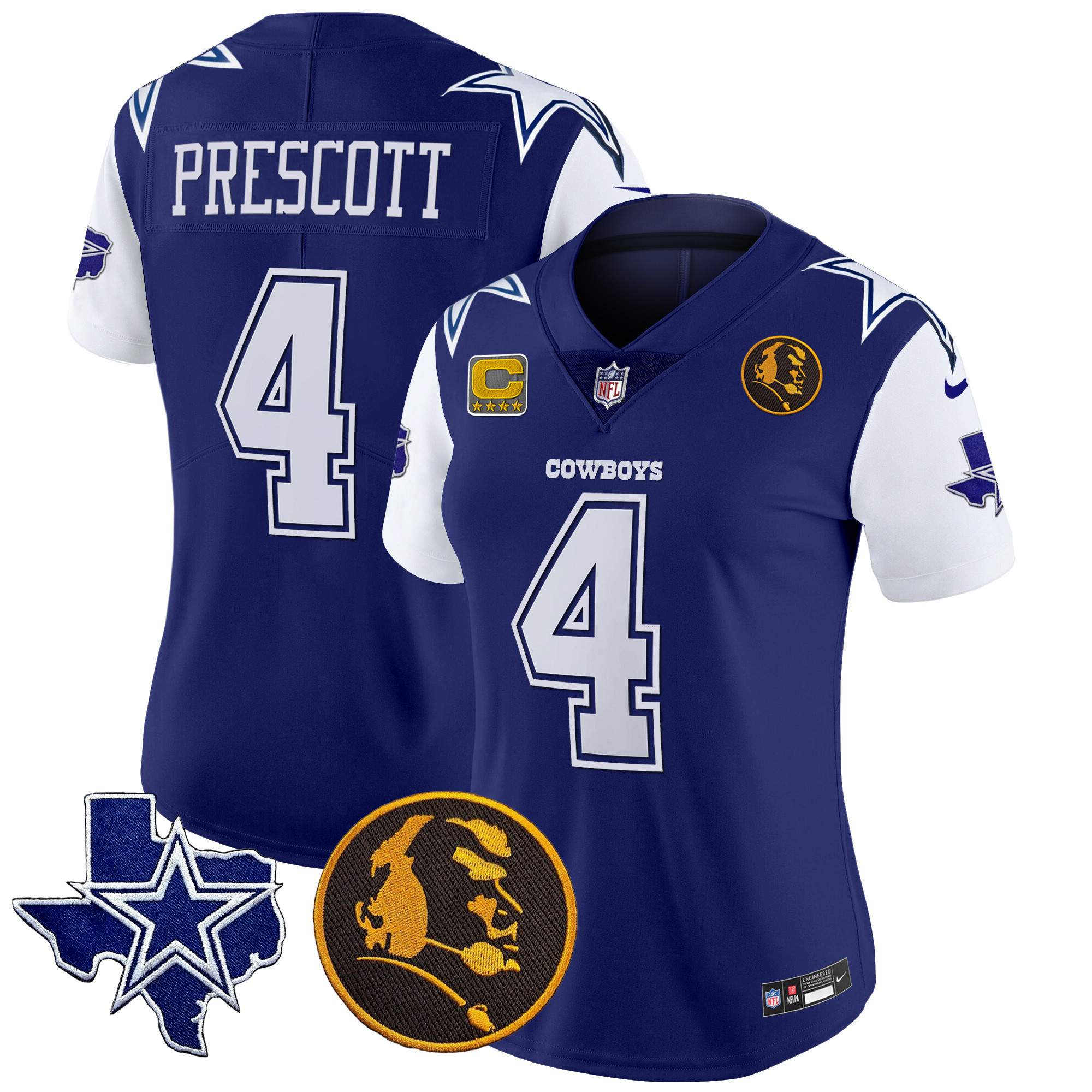 Dak Prescott Women's Dallas Cowboys Texas & John Madden Patch Vapor Royal Jersey - All Stitched 