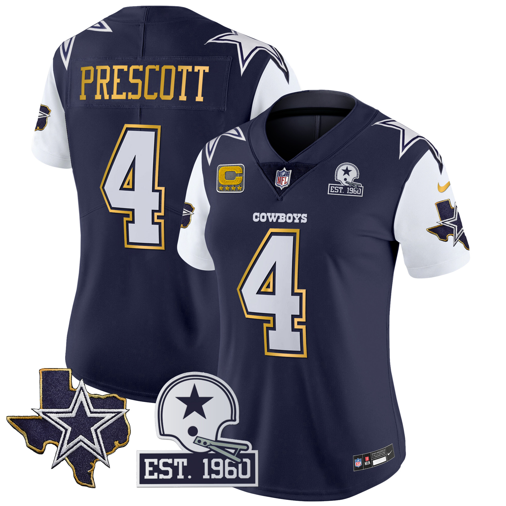 Dak Prescott Women's Dallas Cowboys Texas Patch Gold Trim Vapor Navy Jersey - All Stitched 