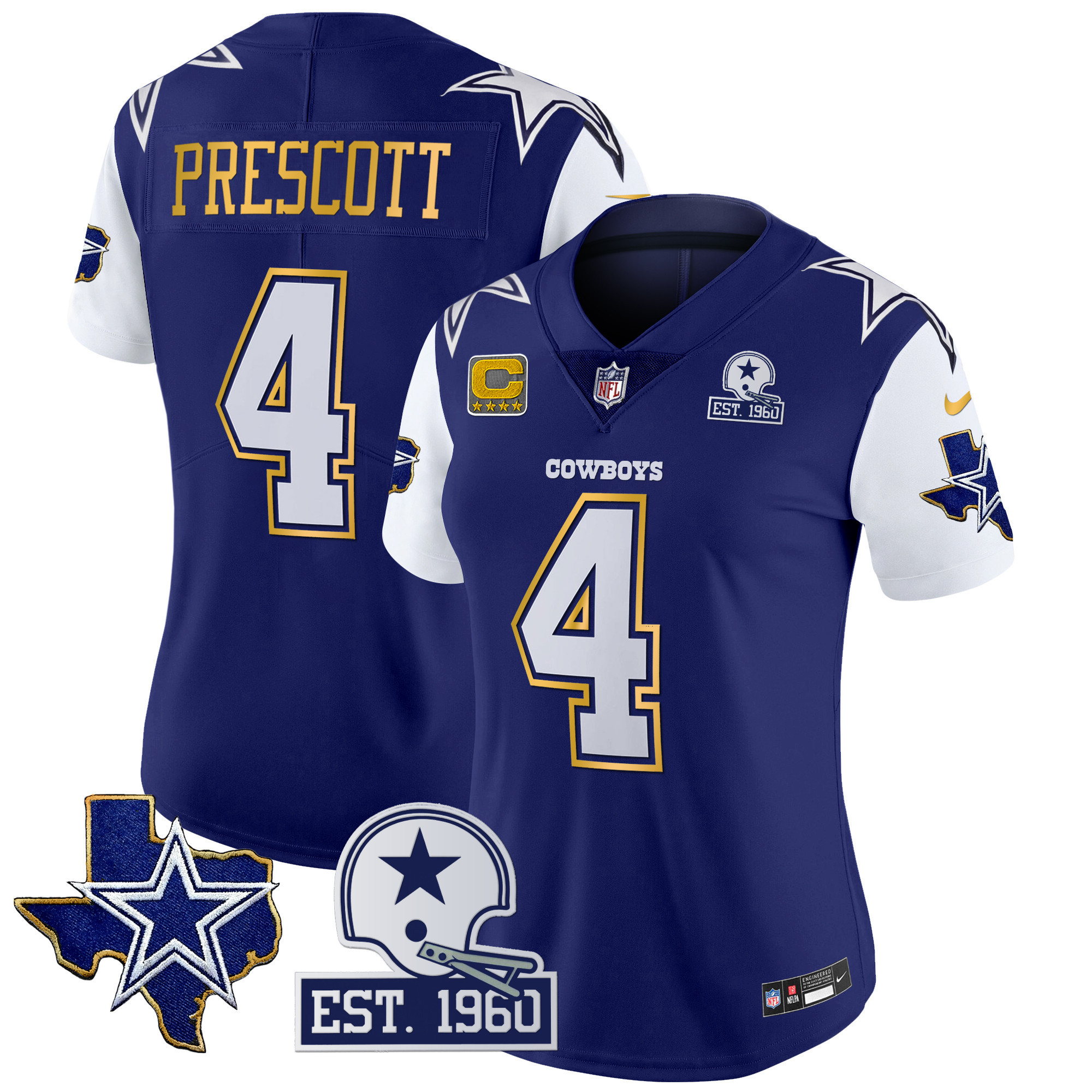 Dak Prescott Women's Dallas Cowboys Texas Patch Gold Trim Vapor Royal Jersey - All Stitched 