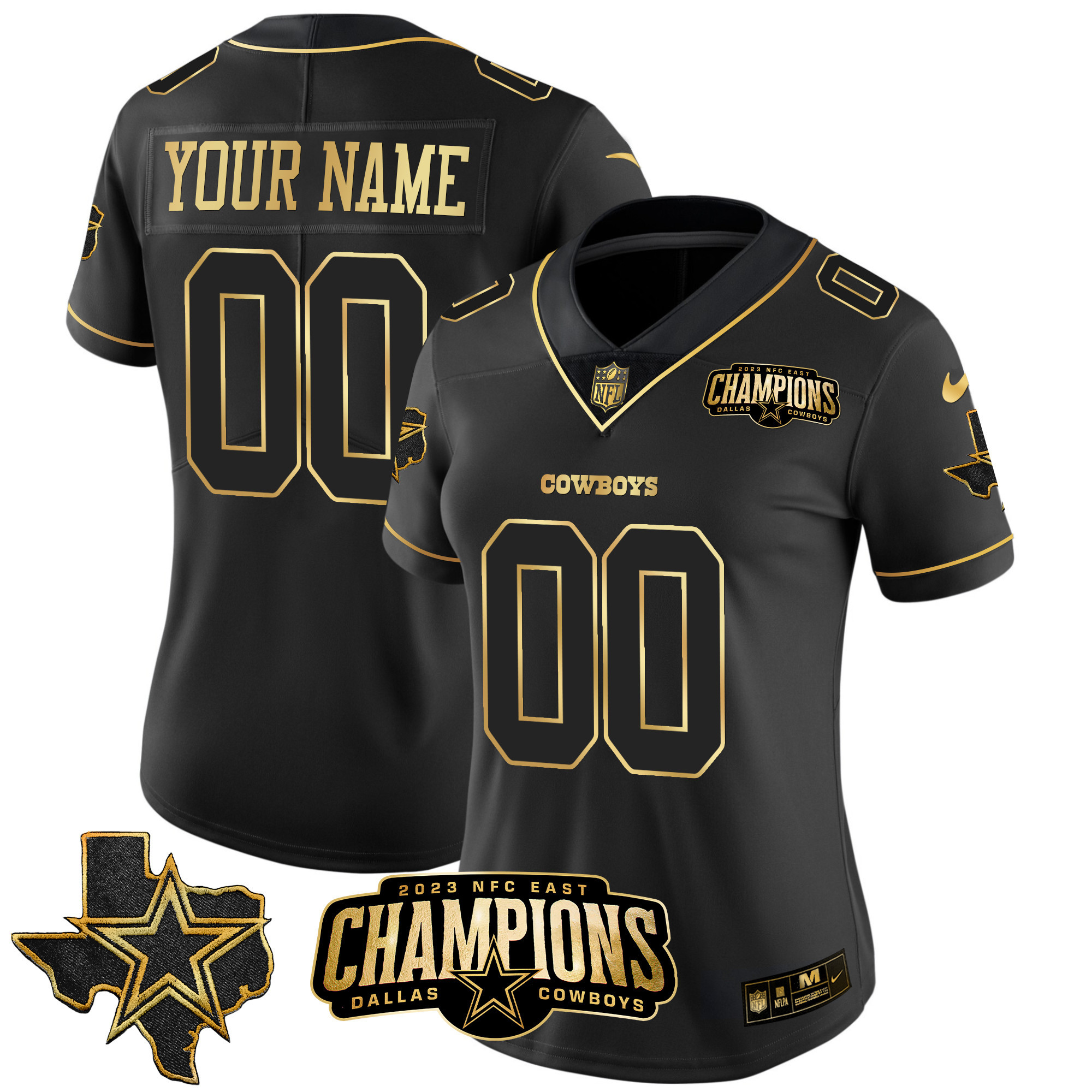 Dallas Cowboys 2023 NFC East Champions Patch Gold Vapor Custom Black Gold Jersey - All Stitched 