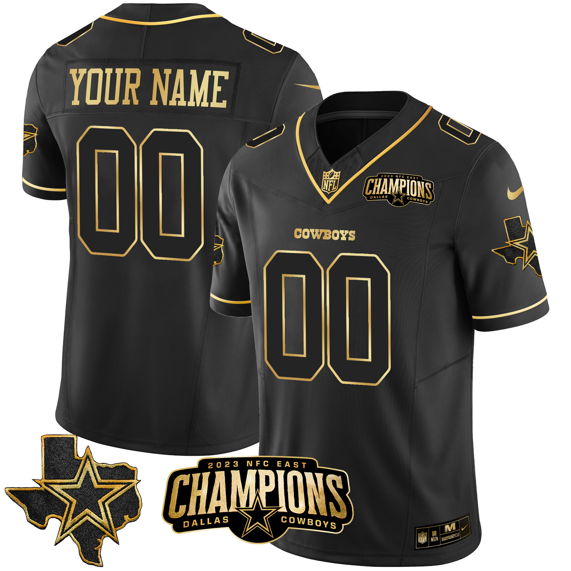 Dallas Cowboys 2023 NFC East Champions Patch Gold Vapor Custom Black Gold Jersey - All Stitched 