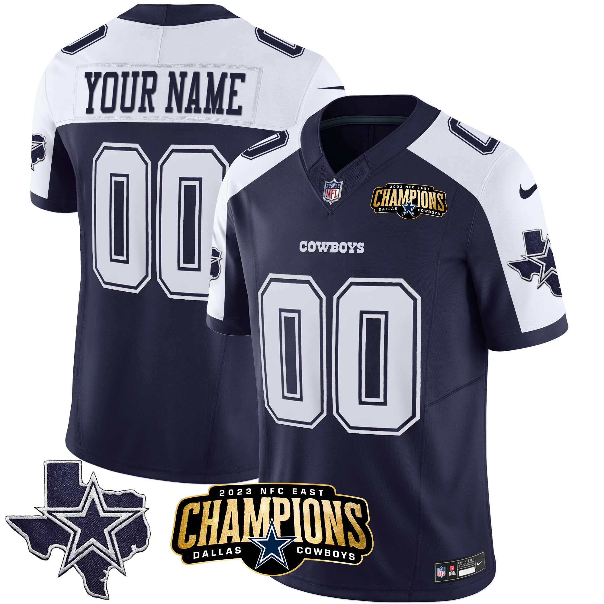 Dallas Cowboys 2023 NFC East Champions Patch Vapor Custom Alternate Navy Jersey - All Stitched 