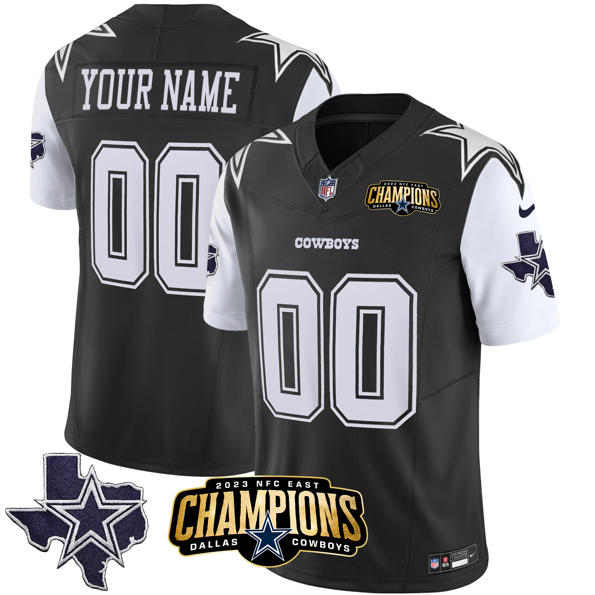 Dallas Cowboys 2023 NFC East Champions Patch Vapor Custom Black Jersey - All Stitched 