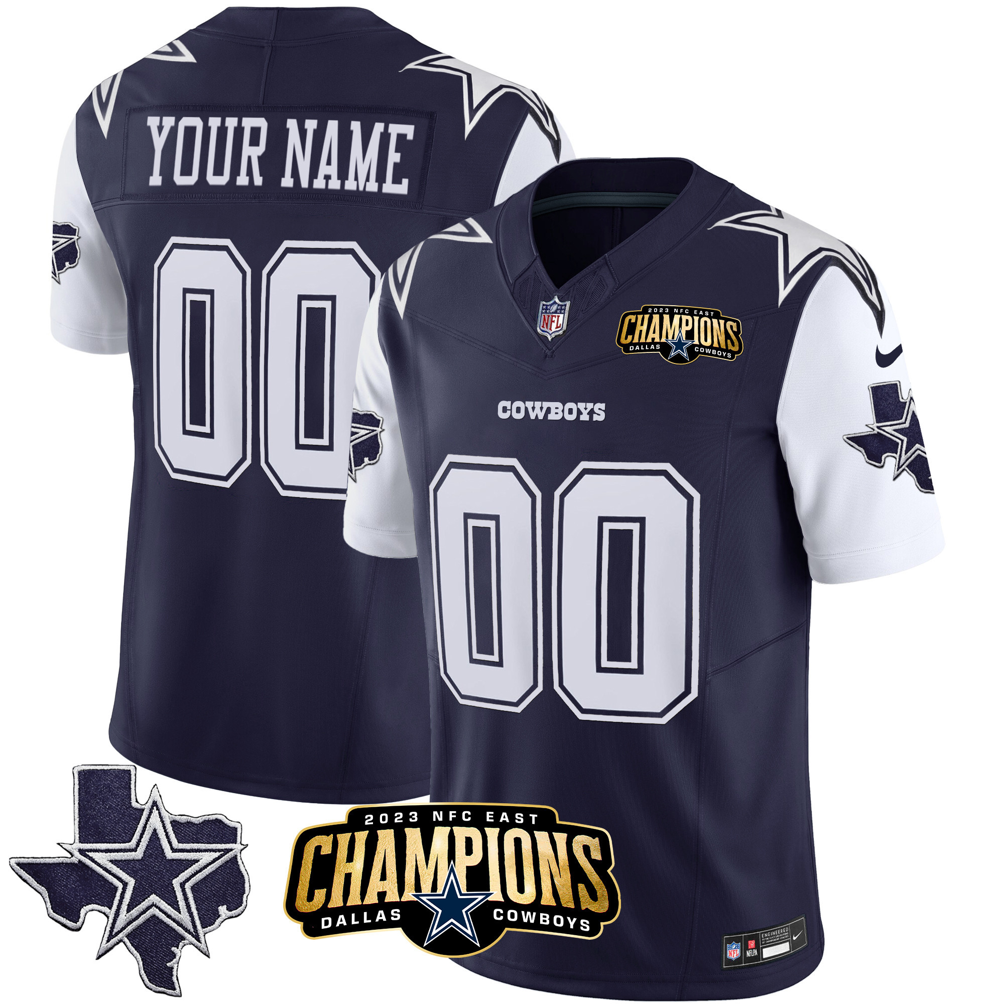 Dallas Cowboys 2023 NFC East Champions Patch Vapor Custom Navy Jersey - All Stitched 