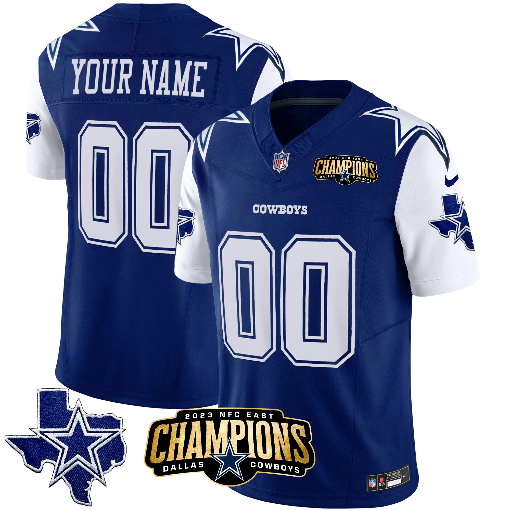Dallas Cowboys 2023 NFC East Champions Patch Vapor Custom Royal Jersey - All Stitched 
