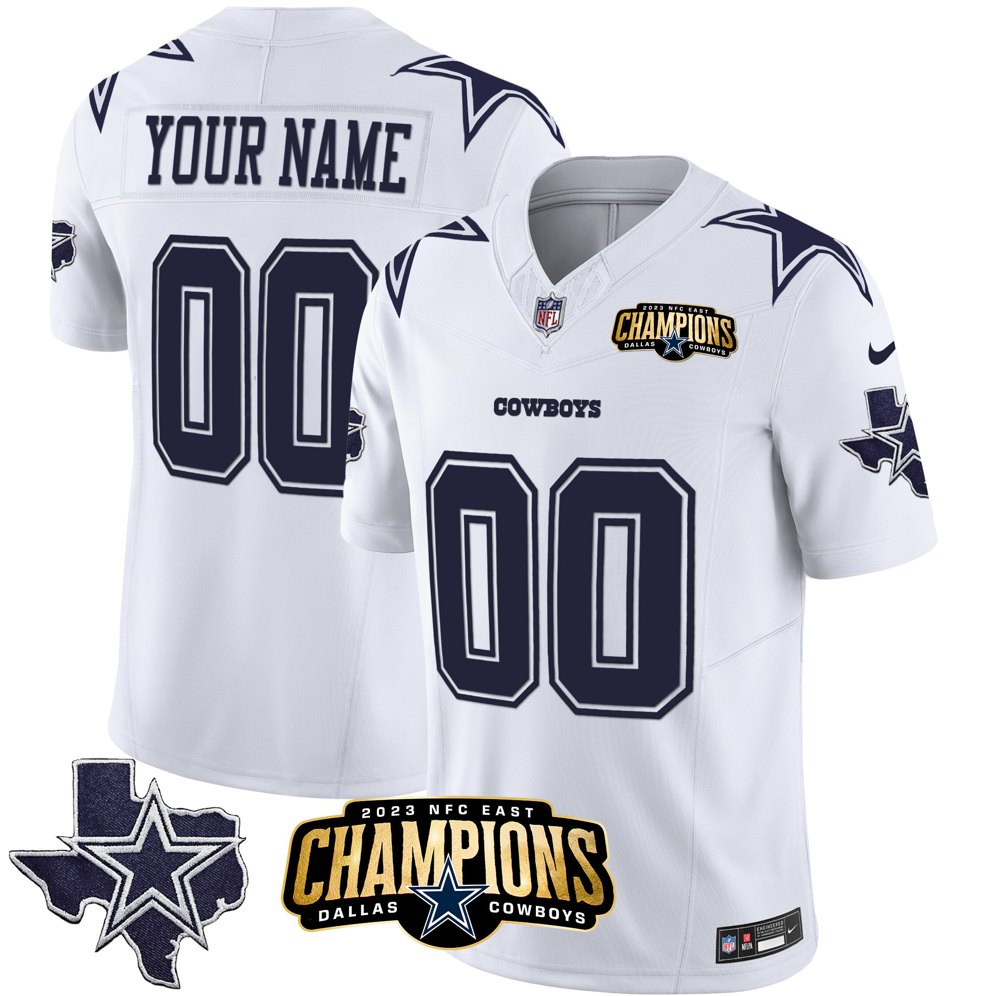 Dallas Cowboys 2023 NFC East Champions Patch Vapor Custom White Jersey - All Stitched 