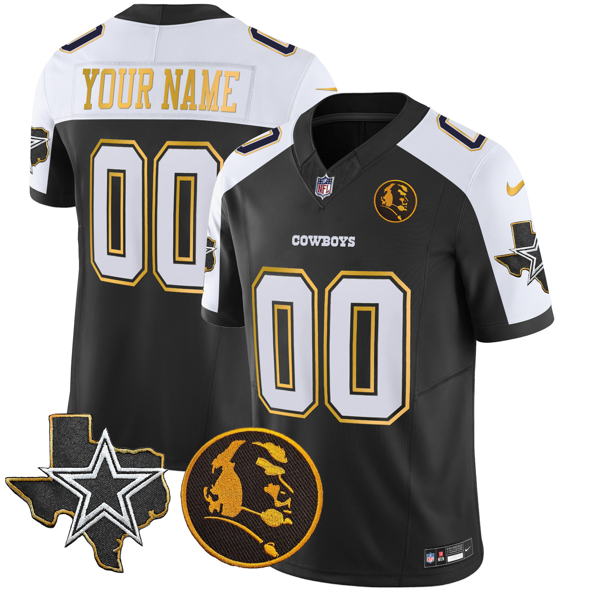 Dallas Cowboys Texas & John Madden Patch Gold Trim Vapor Custom Black Alternate Jersey - All Stitched 