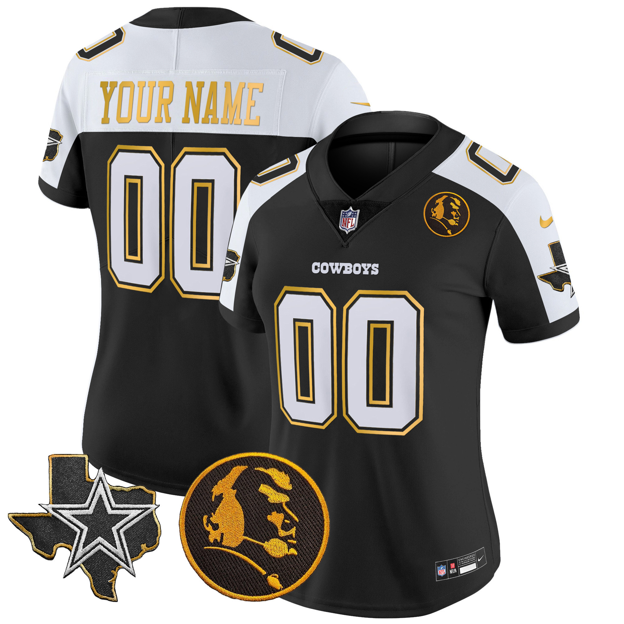 Dallas Cowboys Texas & John Madden Patch Gold Trim Vapor Custom Black Alternate Jersey - All Stitched 