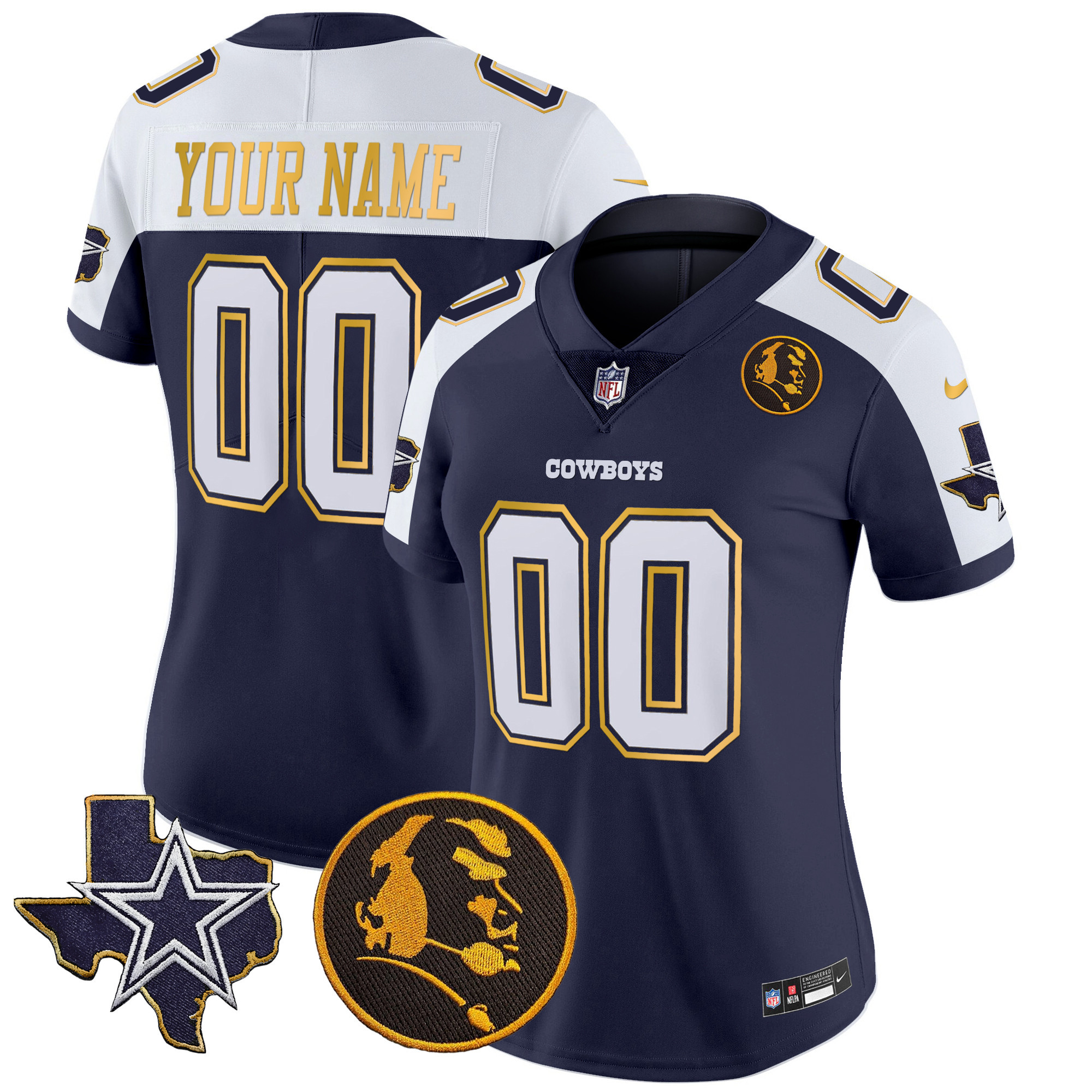 Dallas Cowboys Texas & John Madden Patch Gold Trim Vapor Custom Navy Alternate Jersey - All Stitched 