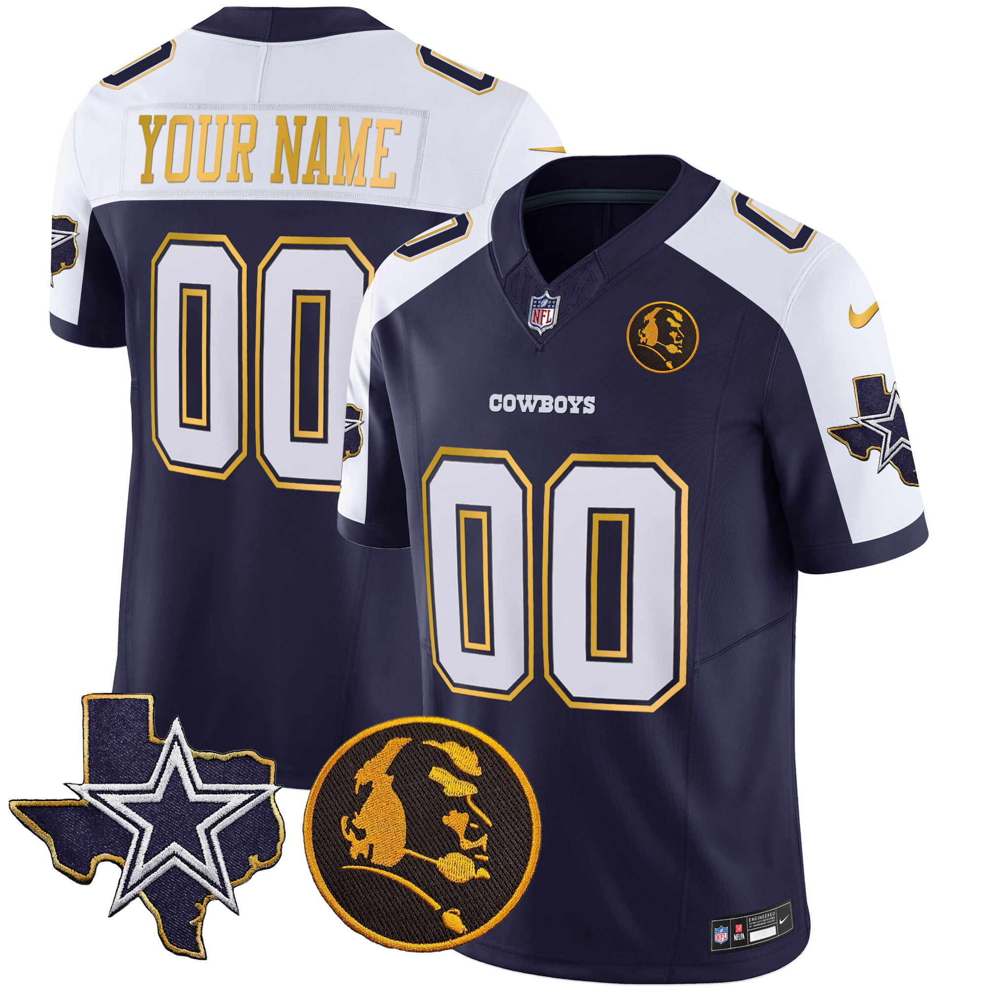 Dallas Cowboys Texas & John Madden Patch Gold Trim Vapor Custom Navy Alternate Jersey - All Stitched 