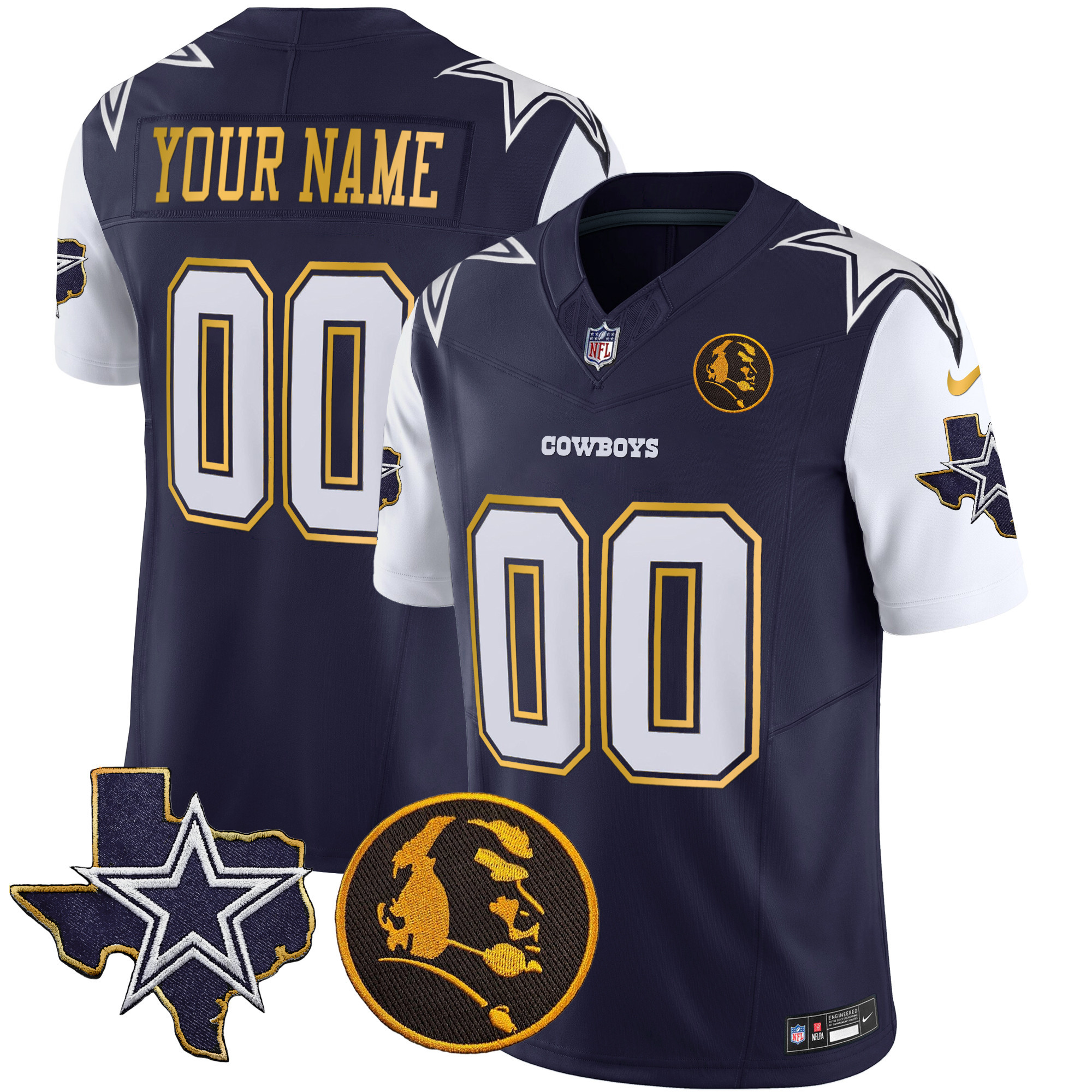 Dallas Cowboys Texas & John Madden Patch Gold Trim Vapor Custom Navy Jersey - All Stitched 