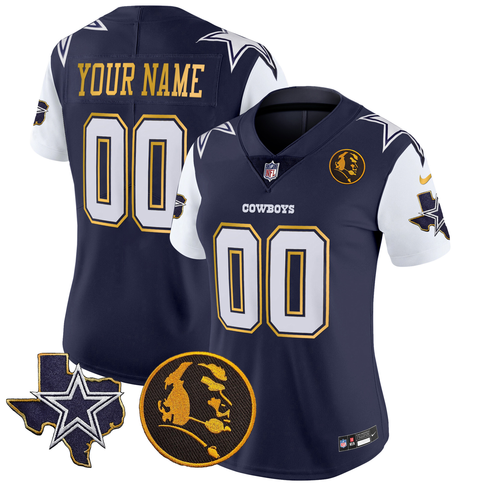Dallas Cowboys Texas & John Madden Patch Gold Trim Vapor Custom Navy Jersey - All Stitched 