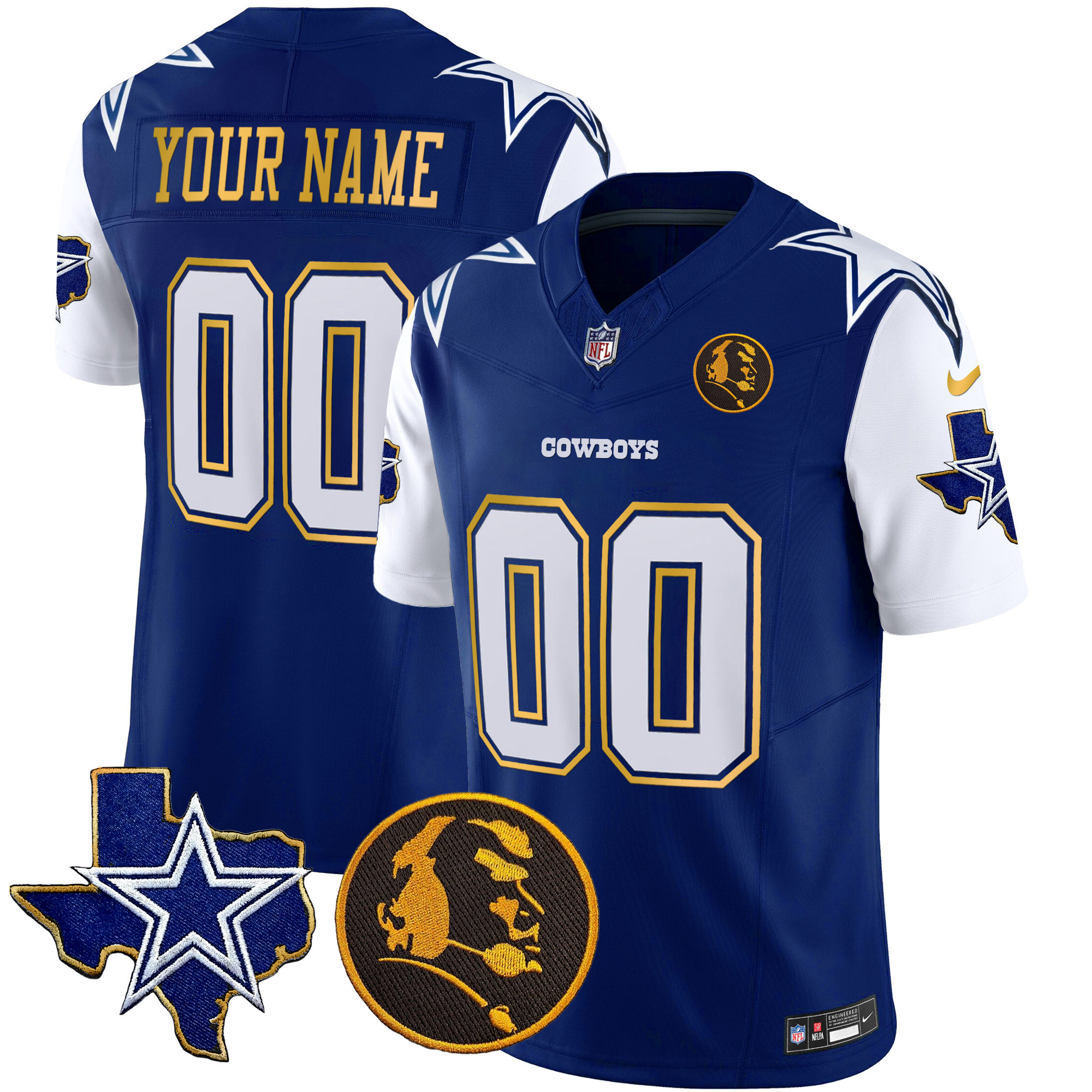 Dallas Cowboys Texas & John Madden Patch Gold Trim Vapor Custom Royal Jersey - All Stitched 