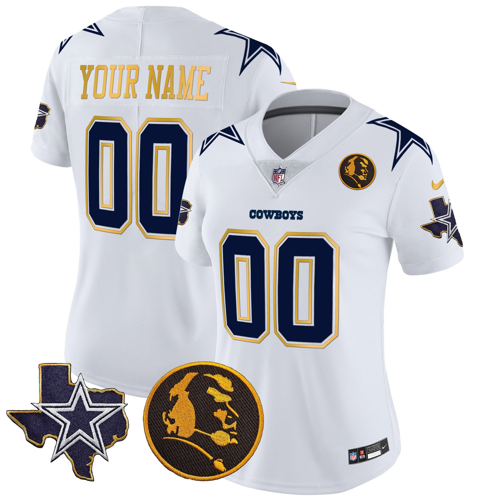 Dallas Cowboys Texas & John Madden Patch Gold Trim Vapor Custom White Jersey - All Stitched 