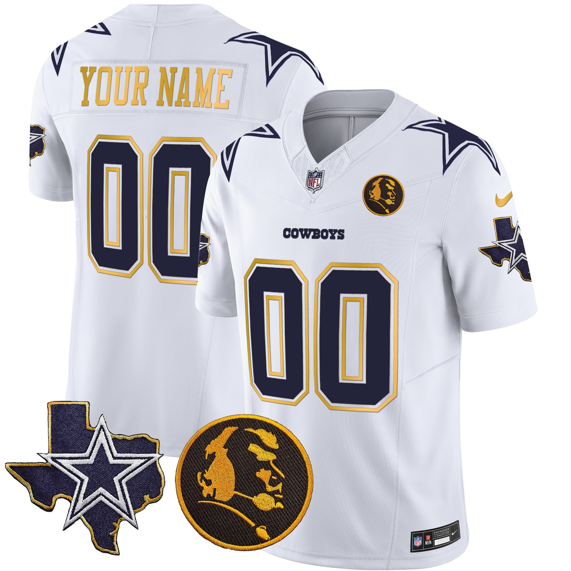 Dallas Cowboys Texas & John Madden Patch Gold Trim Vapor Custom White Jersey - All Stitched 