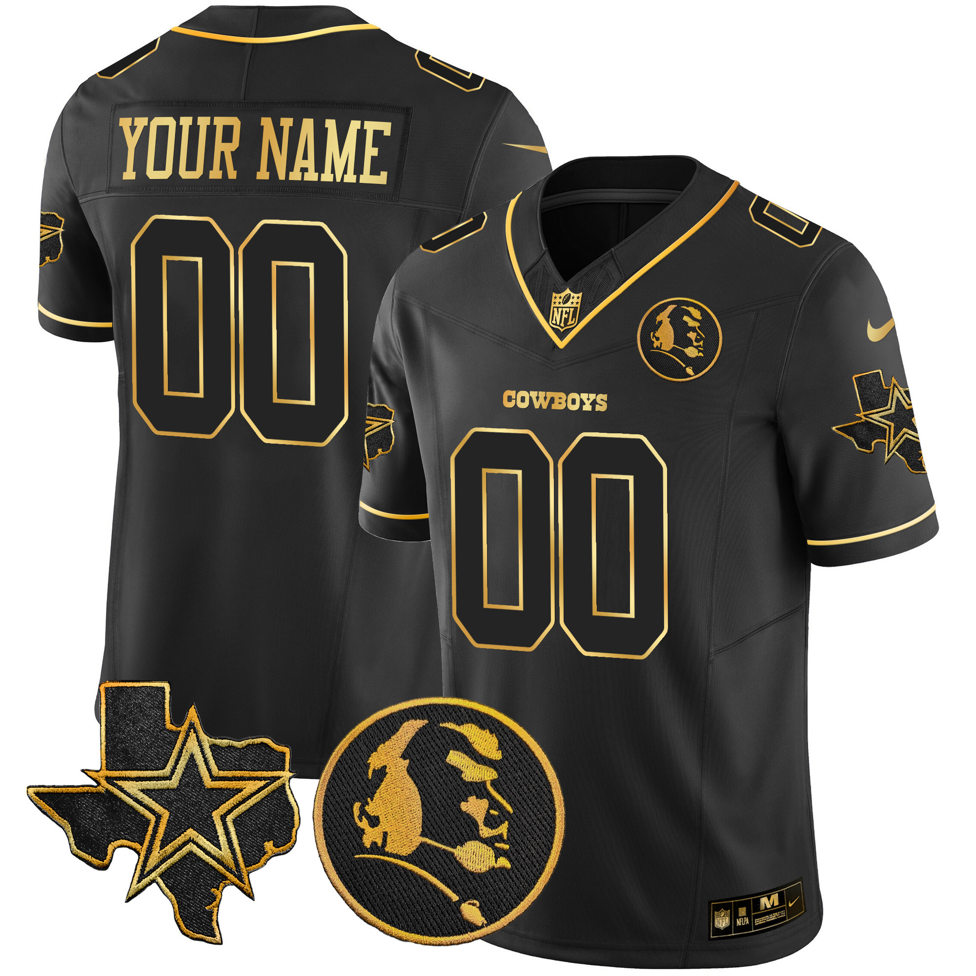 Dallas Cowboys Texas & John Madden Patch Gold Vapor Custom Black Jersey - All Stitched 
