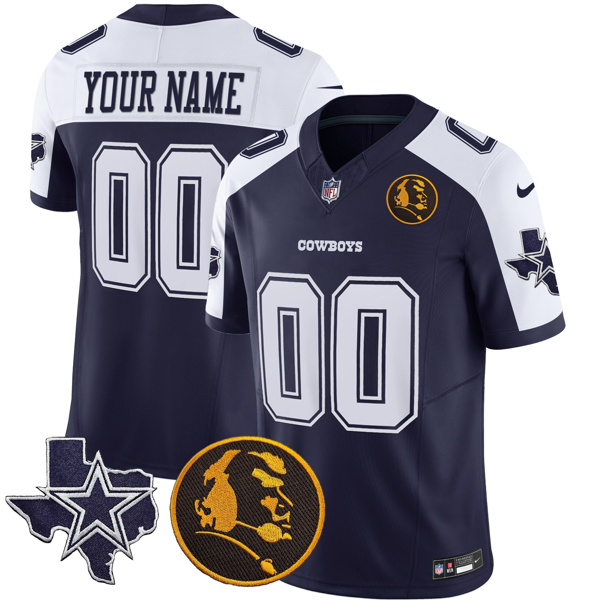 Dallas Cowboys Texas & John Madden Patch Vapor Custom Alternate Navy Jersey - All Stitched 