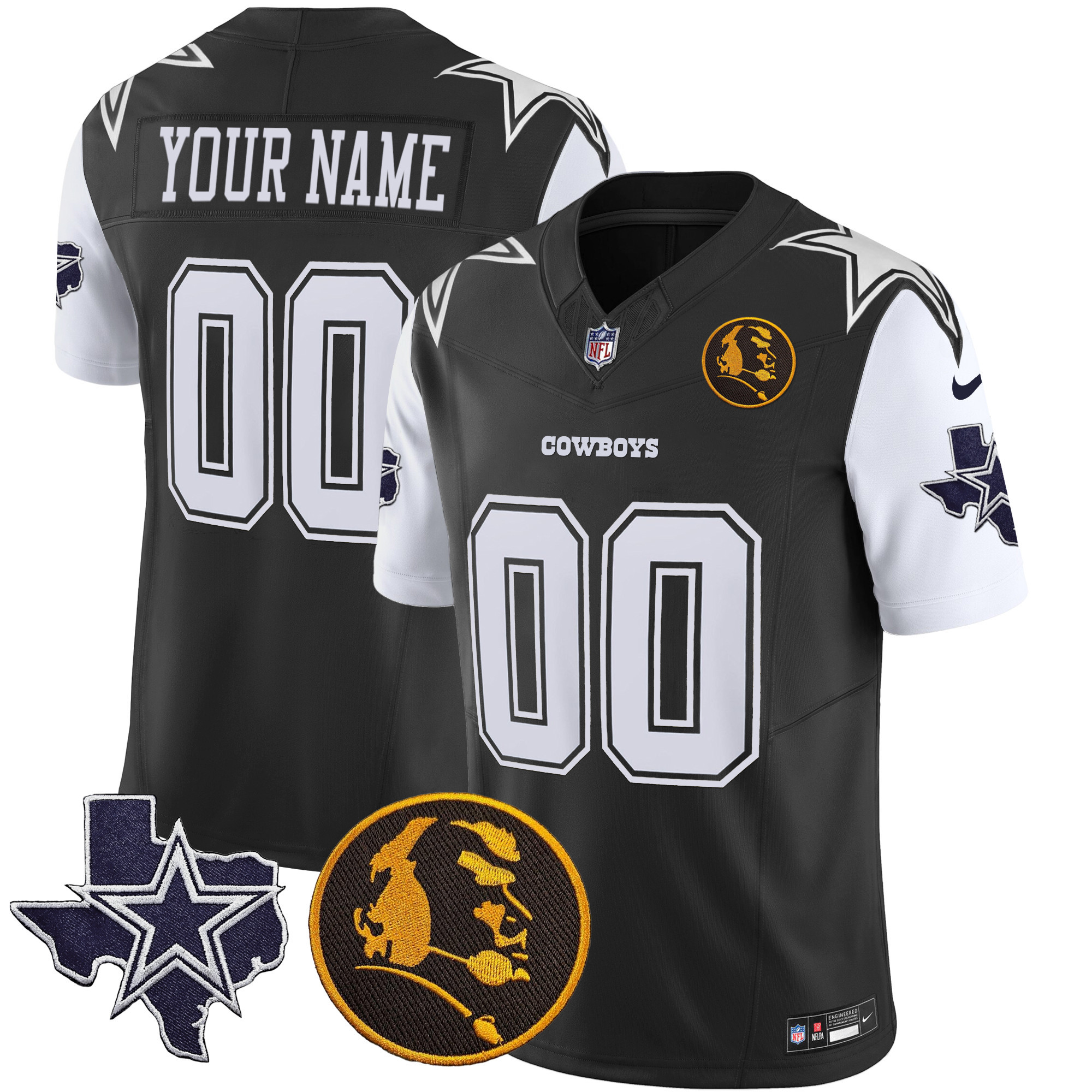 Dallas Cowboys Texas & John Madden Patch Vapor Custom Black Jersey - All Stitched 