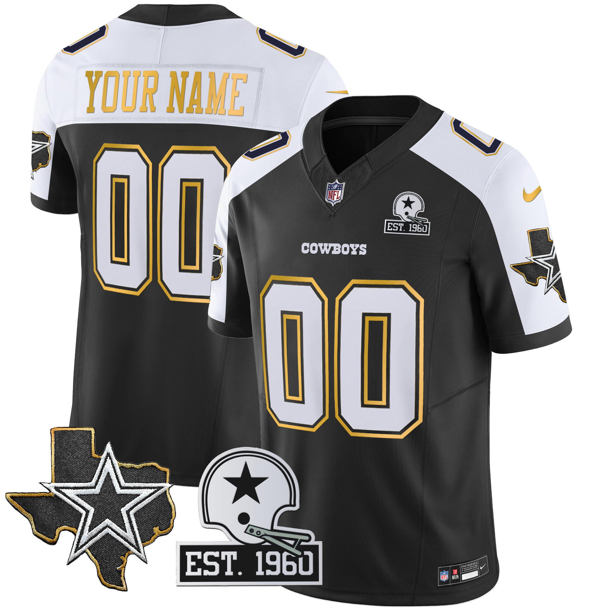 Dallas Cowboys Texas Patch Gold Trim Vapor Custom Black Alternate Jersey - All Stitched 